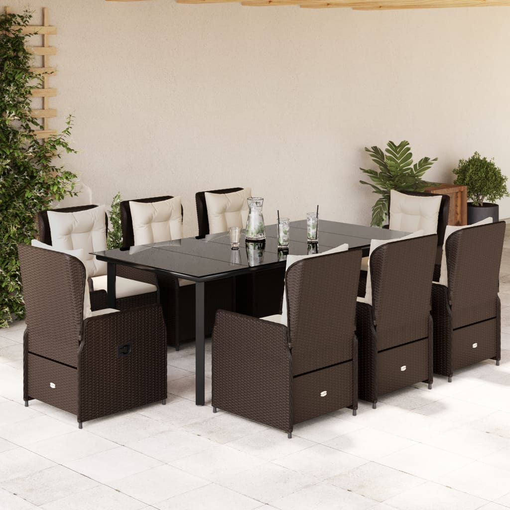 9 Pcs conjunto jantar p/ jardim c/ almofadões vime PE castanho