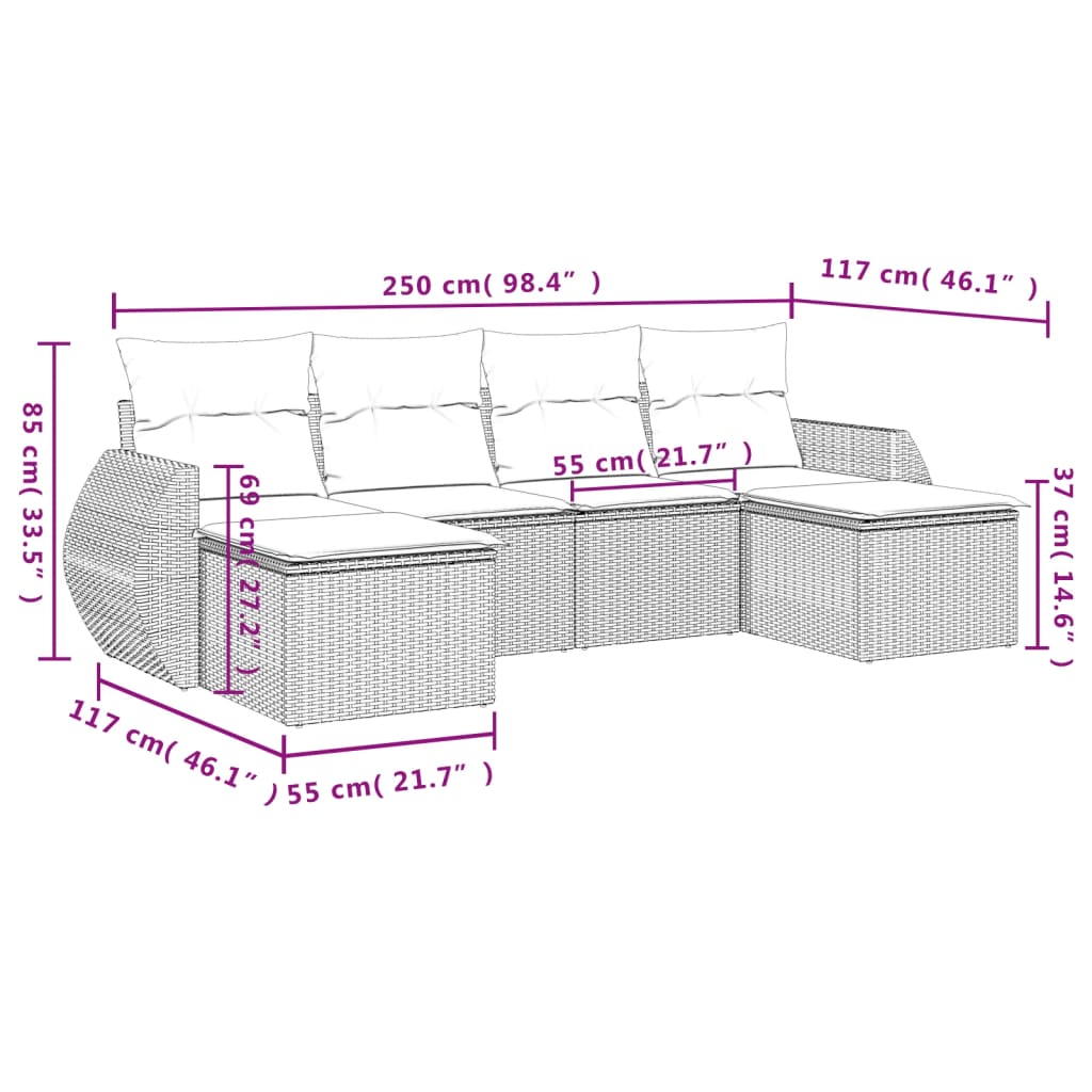 6 Pcs conjunto de sofás p/ jardim com almofadões vime PE bege
