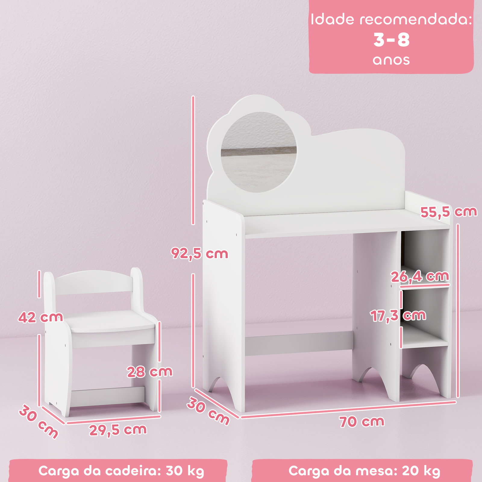 Toucador para crianças com banco e espelho em forma de flor com compartimentos abertos 70x39x92,5 cm branco