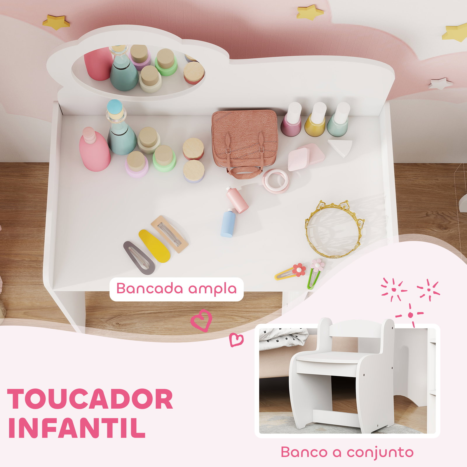 Toucador para crianças com banco e espelho em forma de flor com compartimentos abertos 70x39x92,5 cm branco