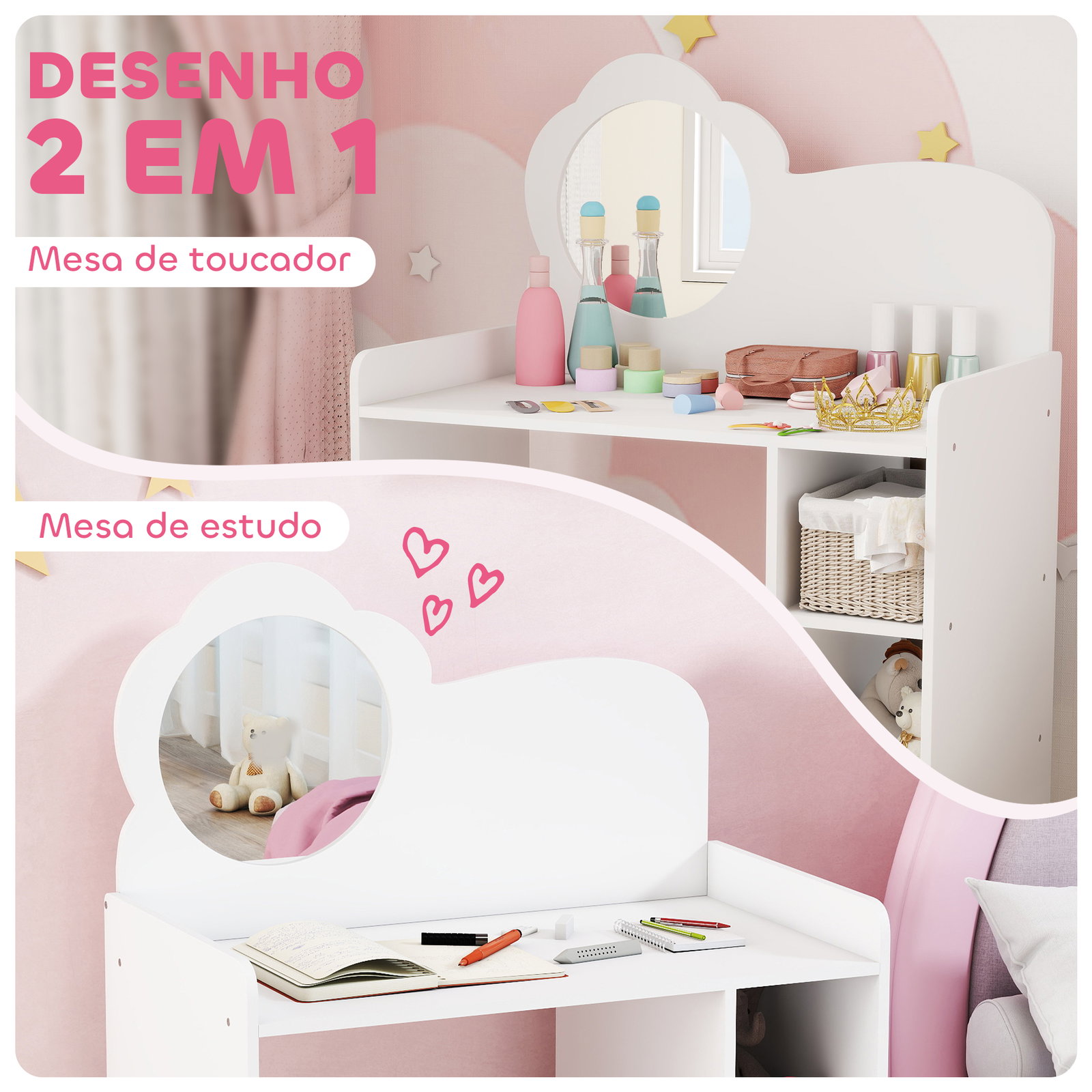 Toucador para crianças com banco e espelho em forma de flor com compartimentos abertos 70x39x92,5 cm branco