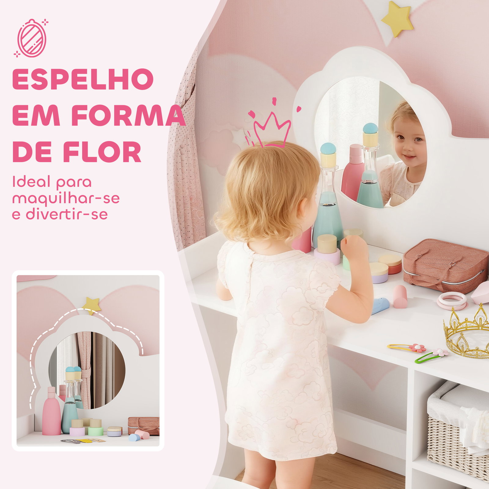 Toucador para crianças com banco e espelho em forma de flor com compartimentos abertos 70x39x92,5 cm branco