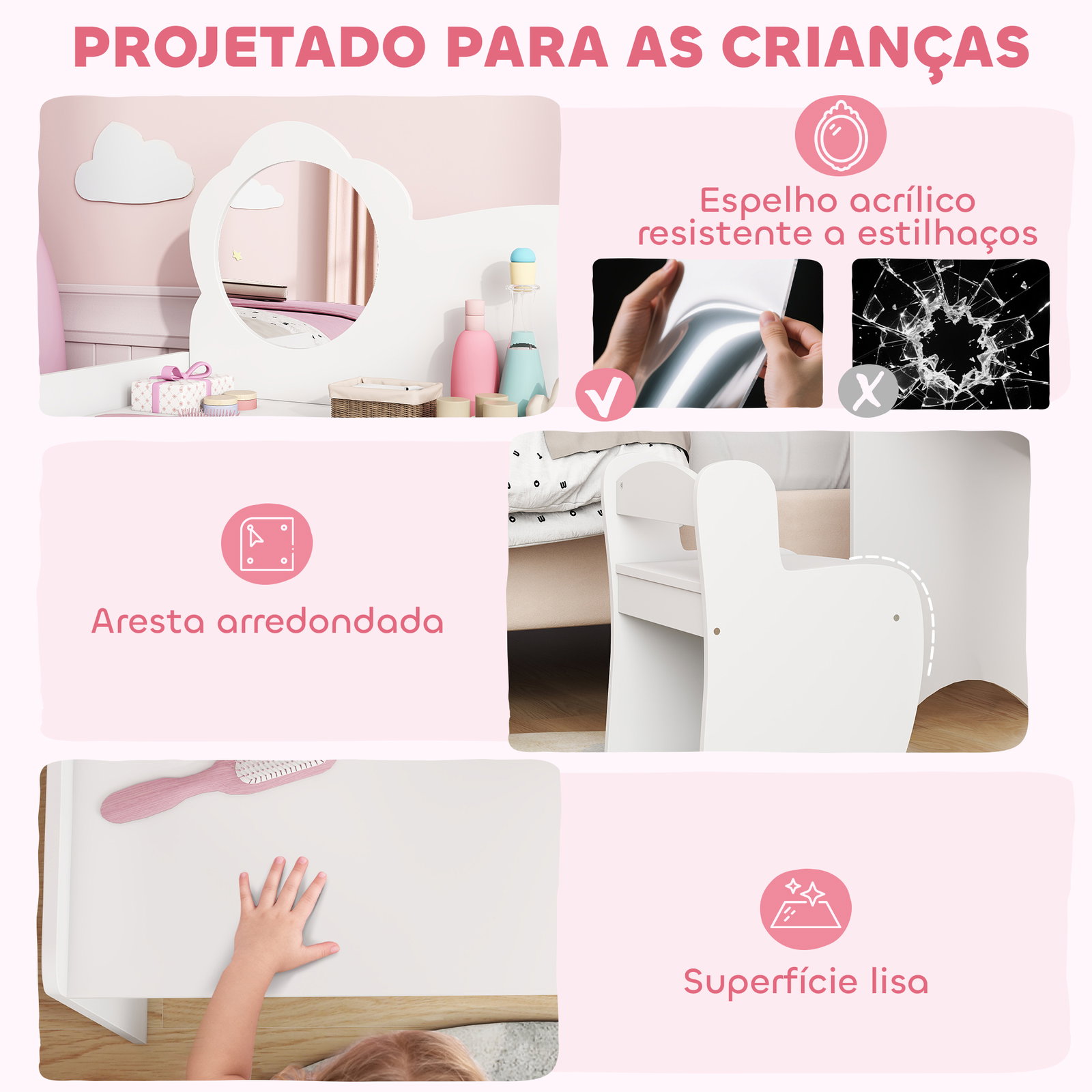 Toucador para crianças com banco e espelho em forma de flor com compartimentos abertos 70x39x92,5 cm branco
