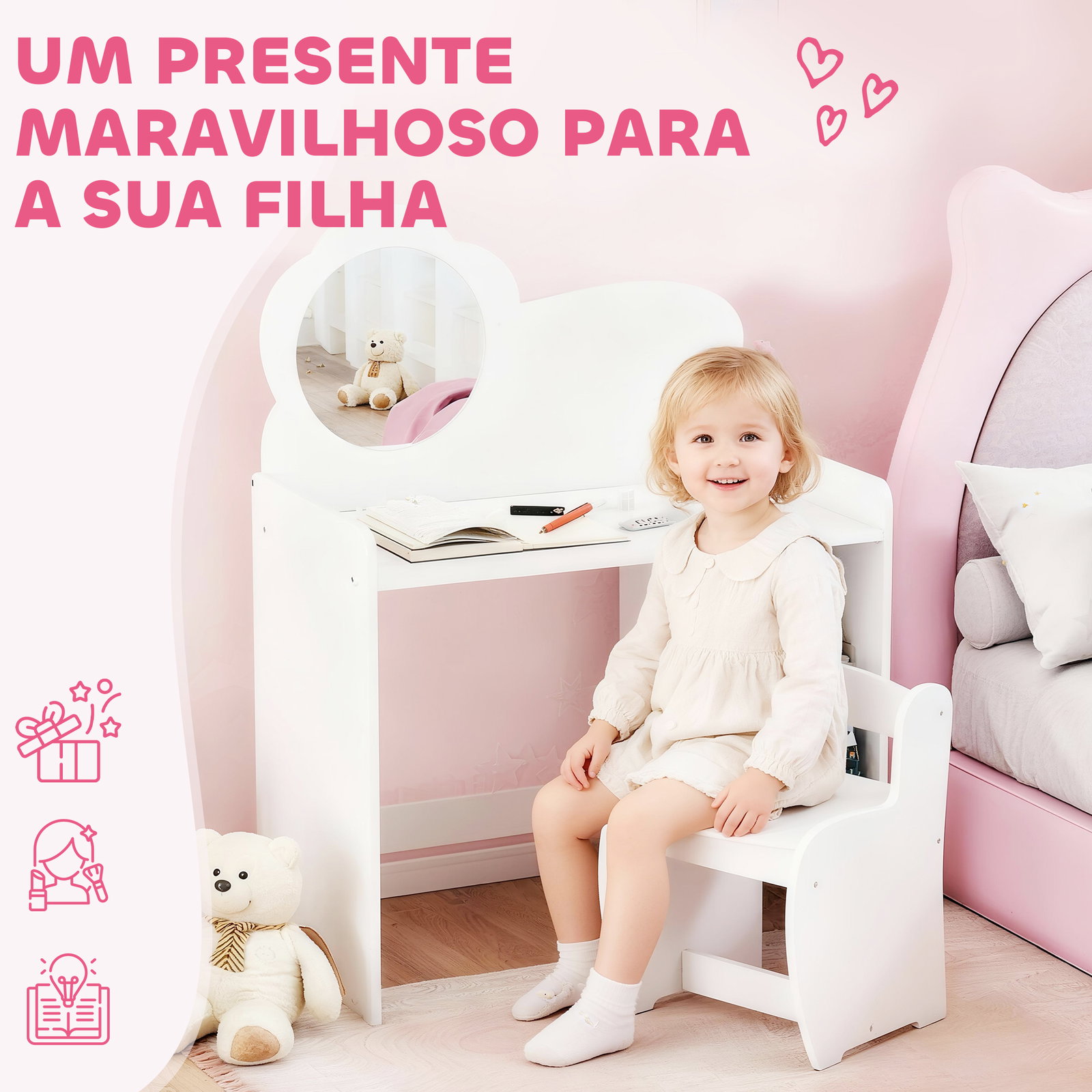 Toucador para crianças com banco e espelho em forma de flor com compartimentos abertos 70x39x92,5 cm branco