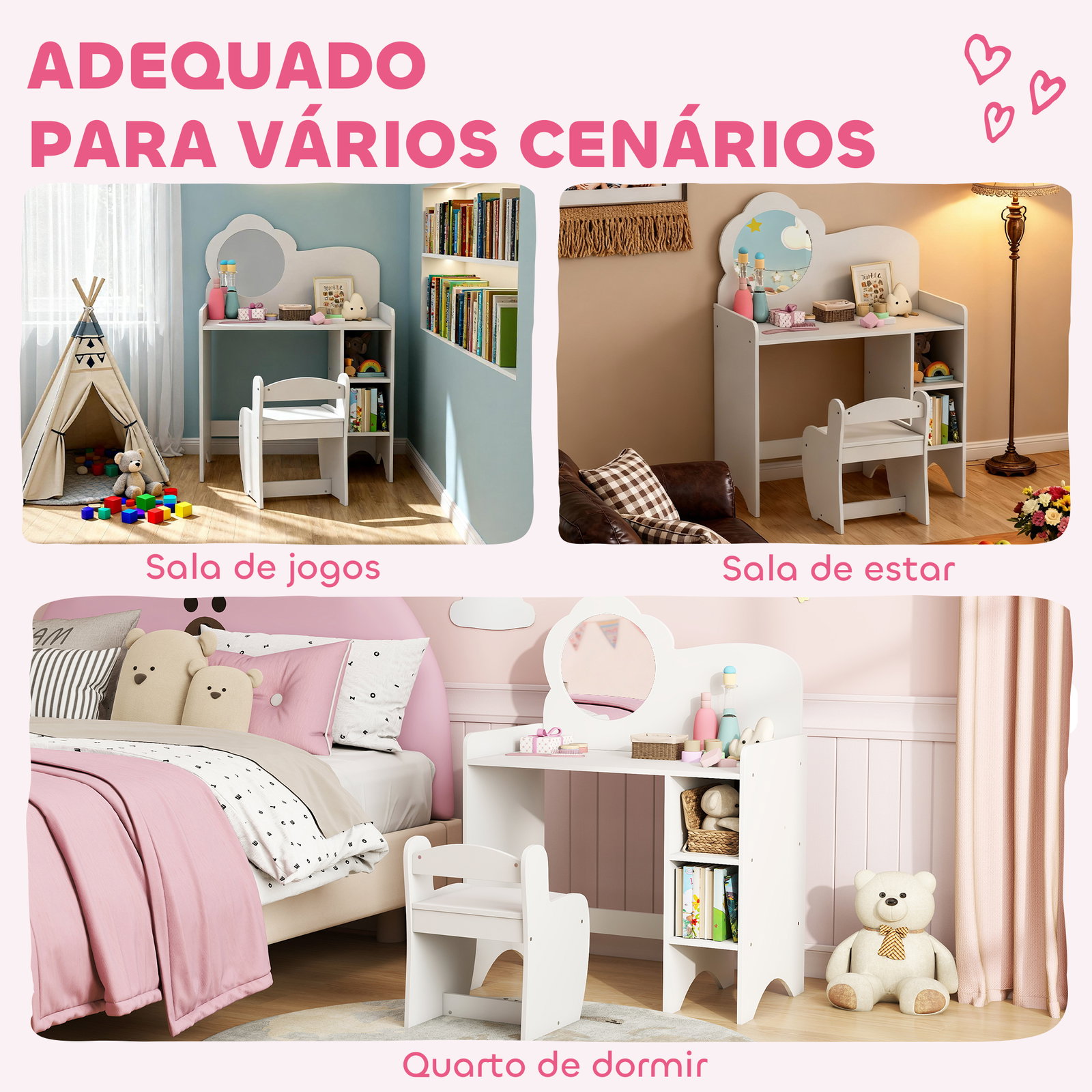 Toucador para crianças com banco e espelho em forma de flor com compartimentos abertos 70x39x92,5 cm branco