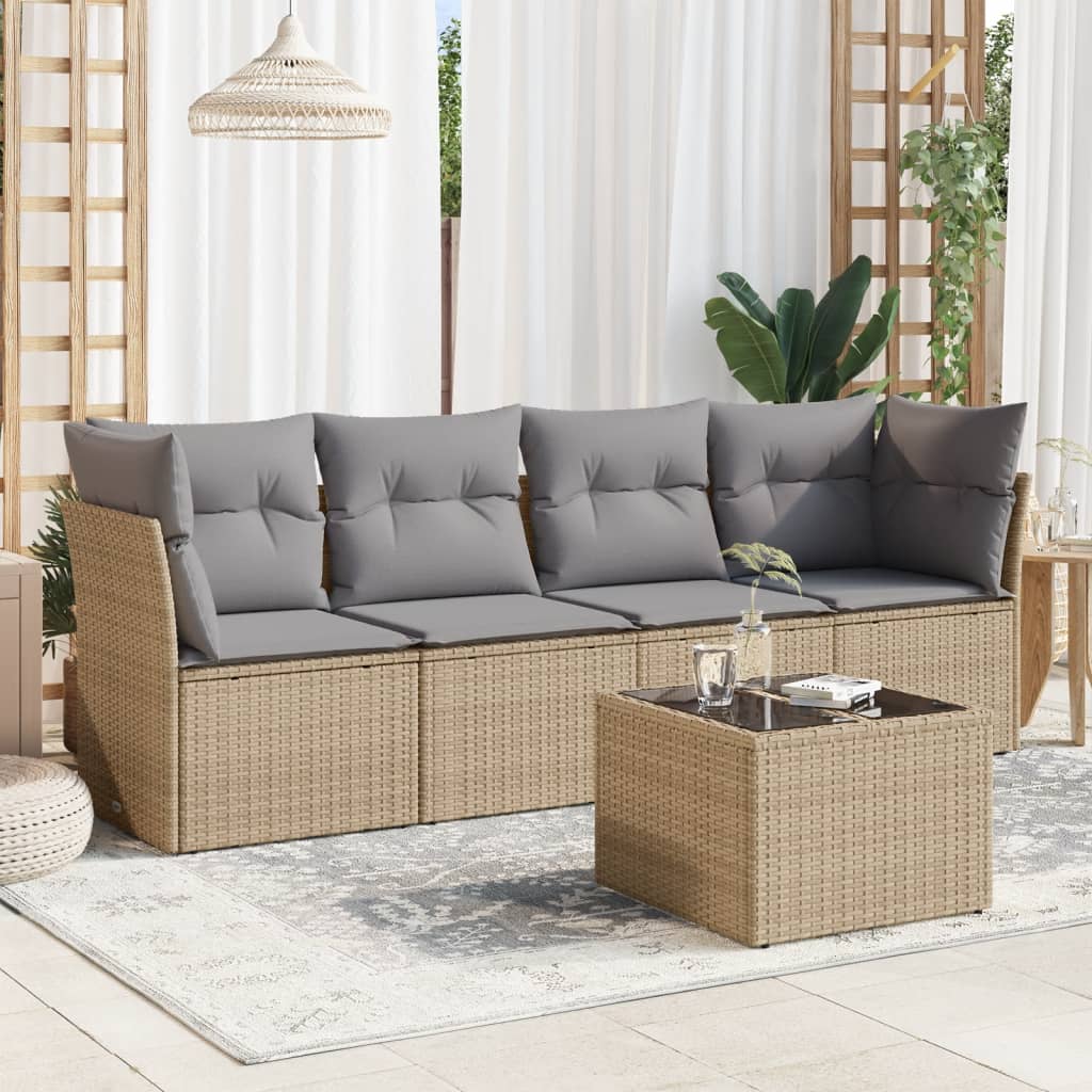5 Pcs conjunto de sofás p/ jardim com almofadões vime PE bege