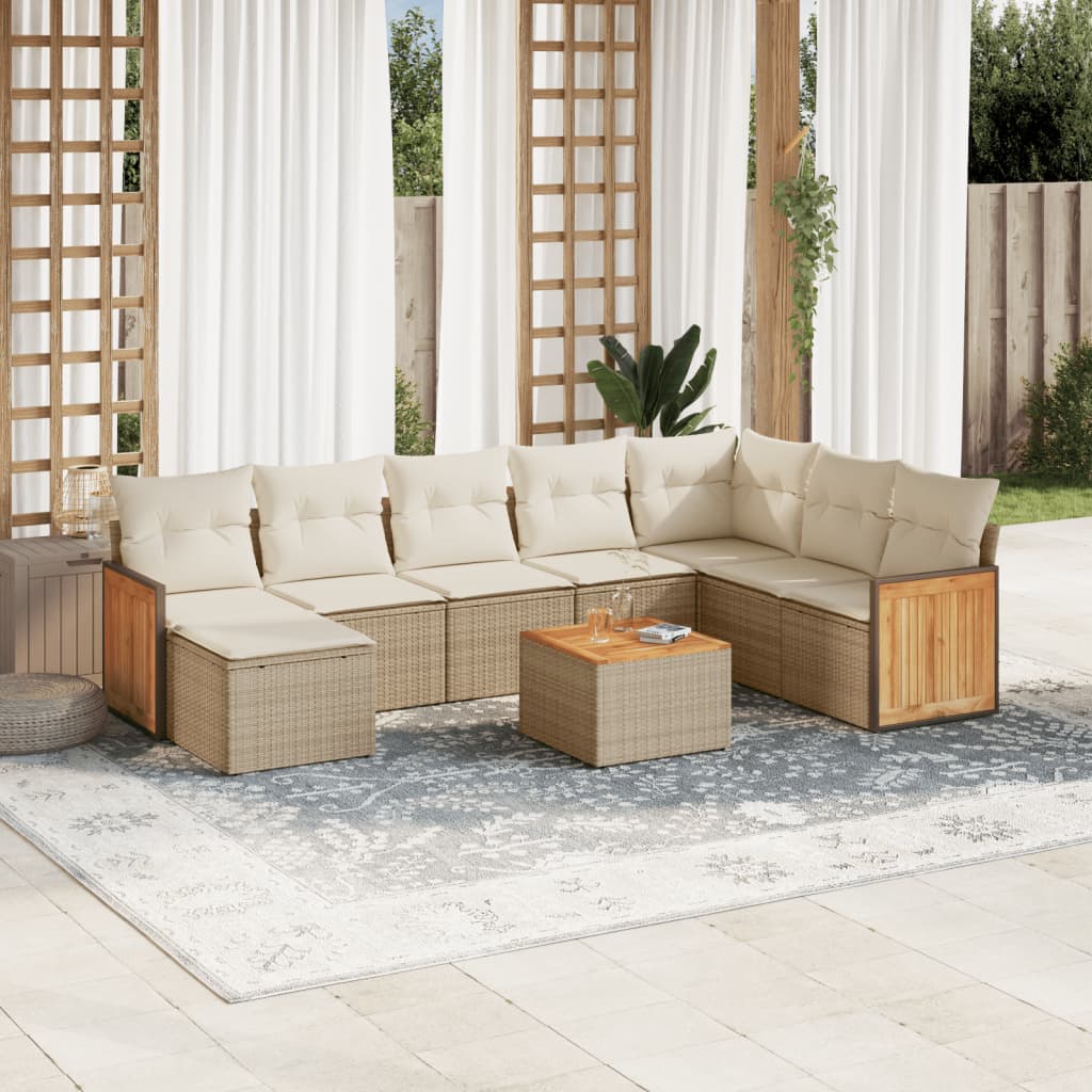 9 Pcs conjunto de sofás p/ jardim com almofadões vime PE bege