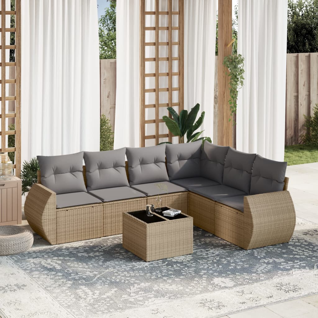 7 Pcs conjunto de sofás p/ jardim com almofadões vime PE bege