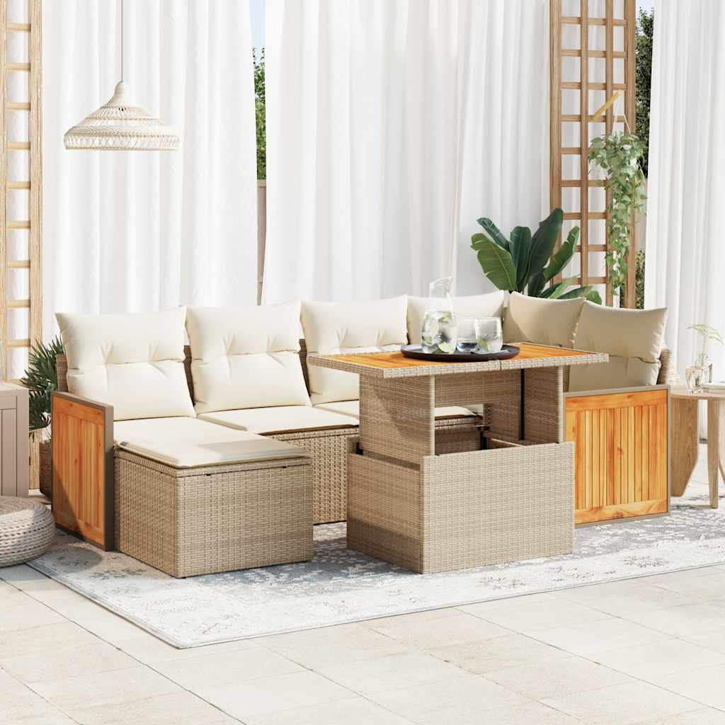 7 Pcs conjunto sofás jardim com almofadões vime PE/acácia bege