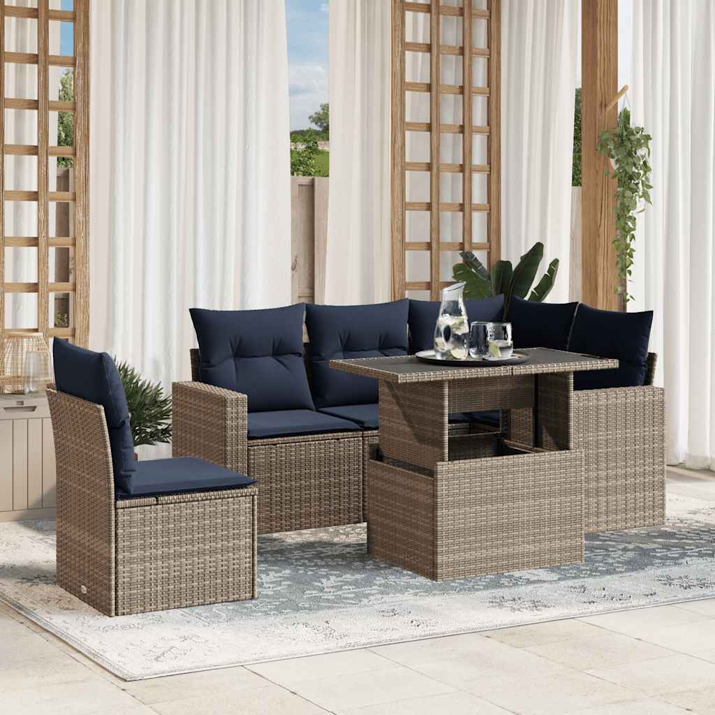 Conjunto de sofá de jardim com 6 peças e almofadas em rattan sintético cinza