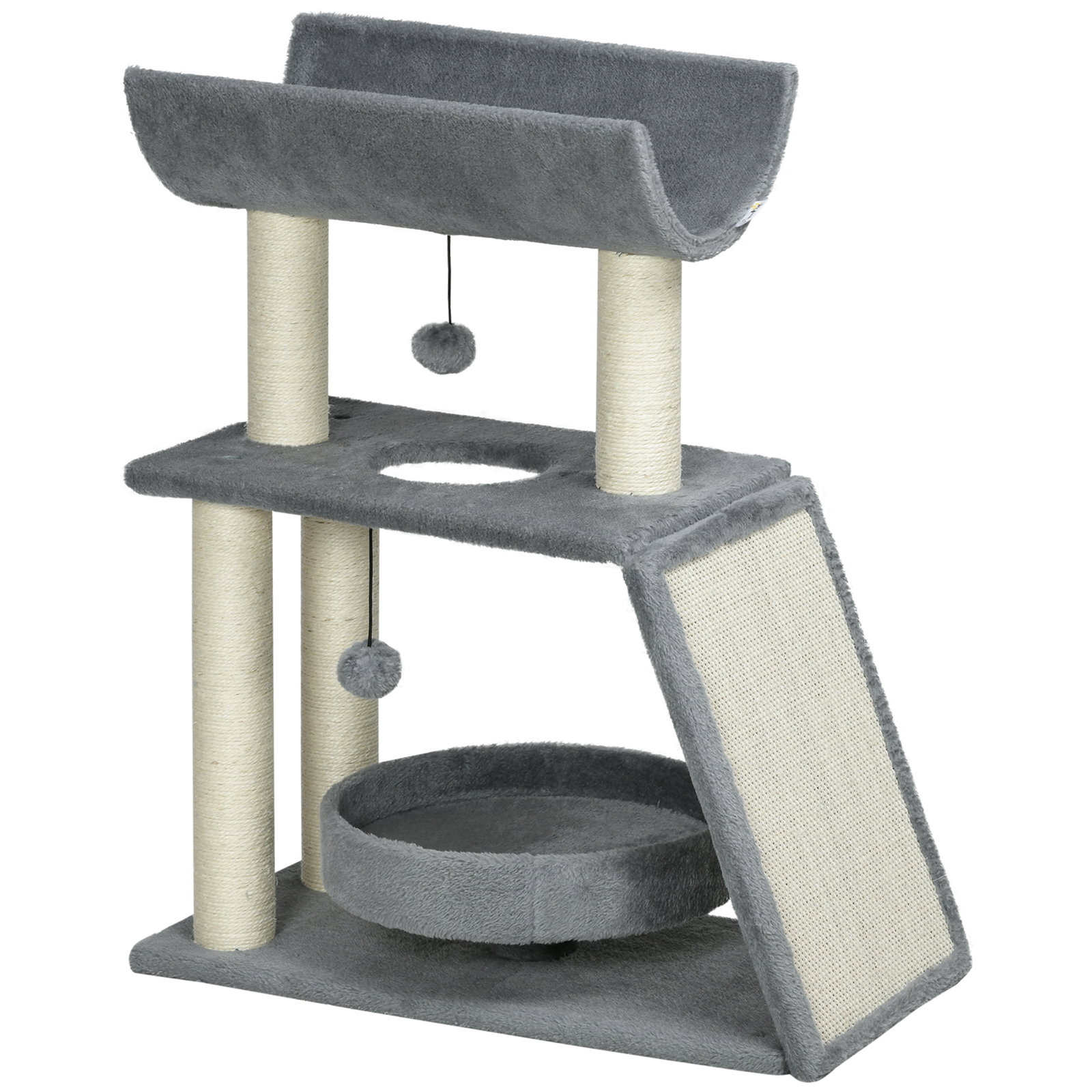 Arranhador para gatos altura 76 cm com 4 postes de arranhar cama plataforma em u almofada para arranhar cinzento