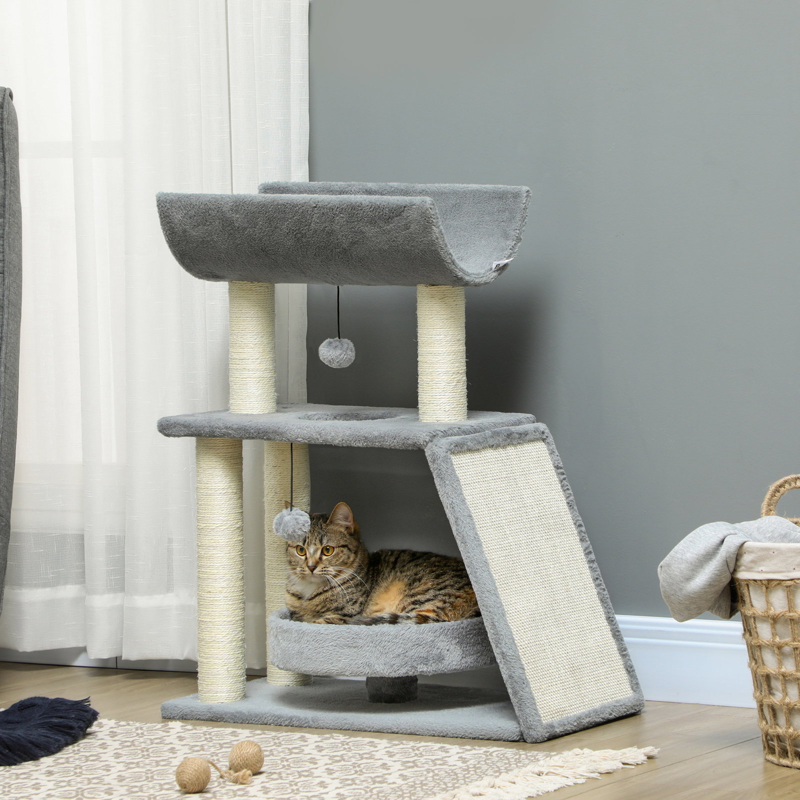 Arranhador para gatos altura 76 cm com 4 postes de arranhar cama plataforma em u almofada para arranhar cinzento