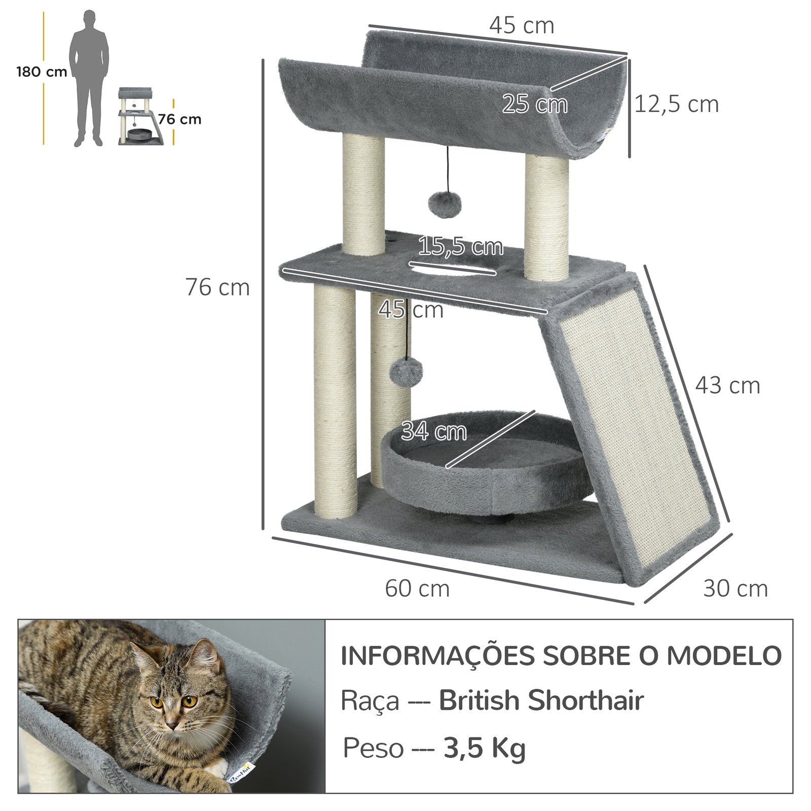 Arranhador para gatos altura 76 cm com 4 postes de arranhar cama plataforma em u almofada para arranhar cinzento