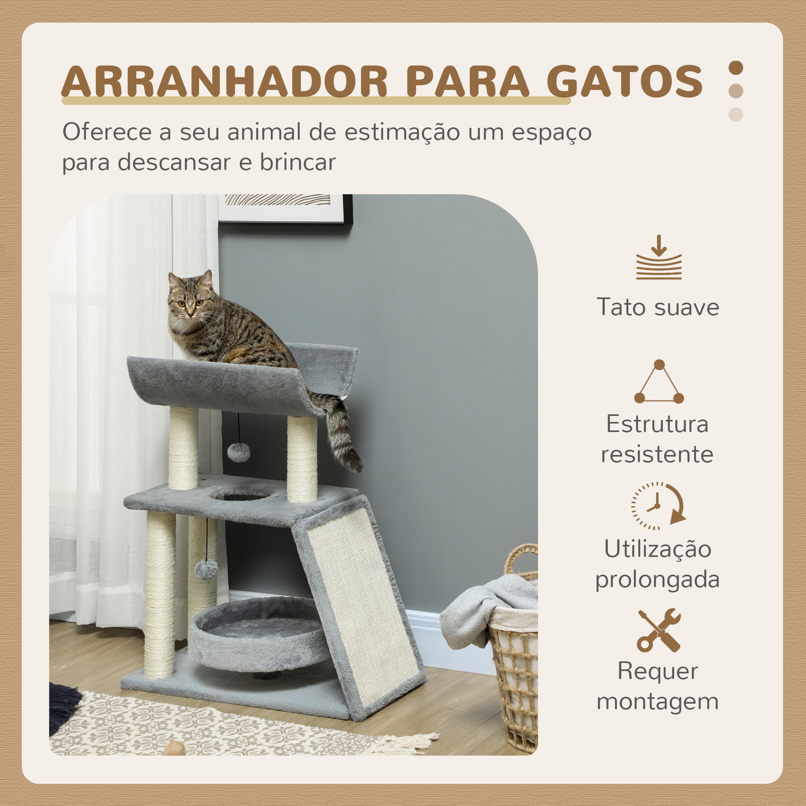 Arranhador para gatos altura 76 cm com 4 postes de arranhar cama plataforma em u almofada para arranhar cinzento