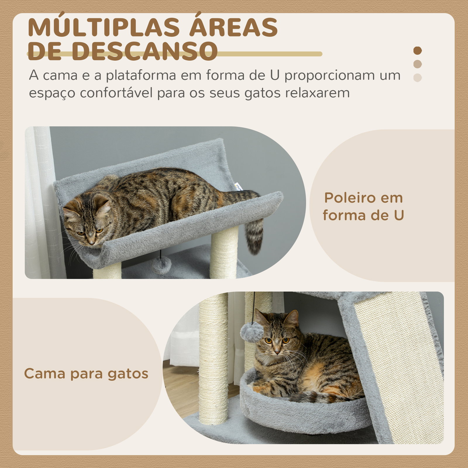 Arranhador para gatos altura 76 cm com 4 postes de arranhar cama plataforma em u almofada para arranhar cinzento
