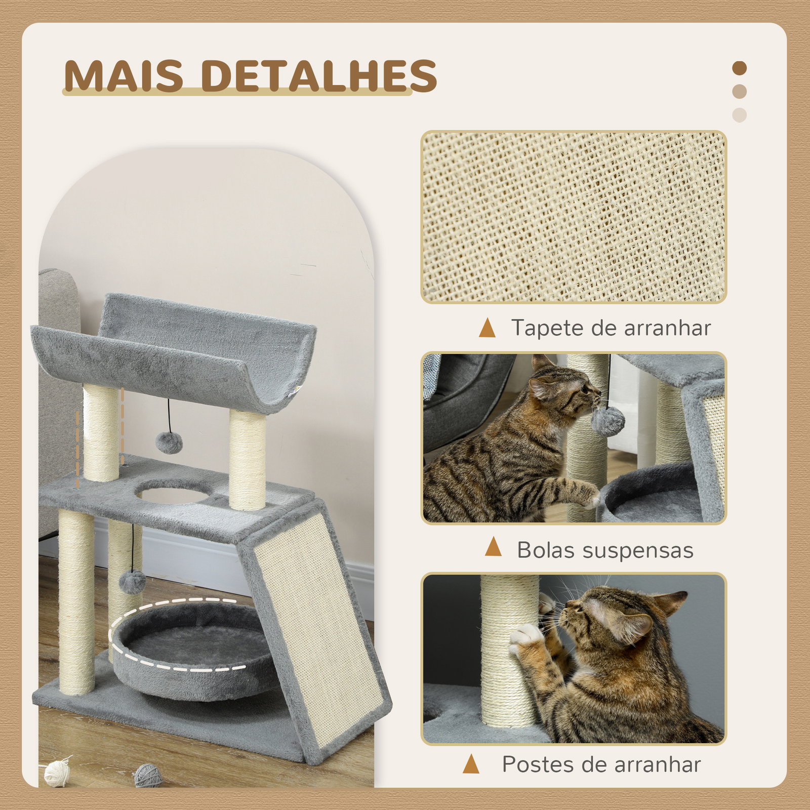 Arranhador para gatos altura 76 cm com 4 postes de arranhar cama plataforma em u almofada para arranhar cinzento