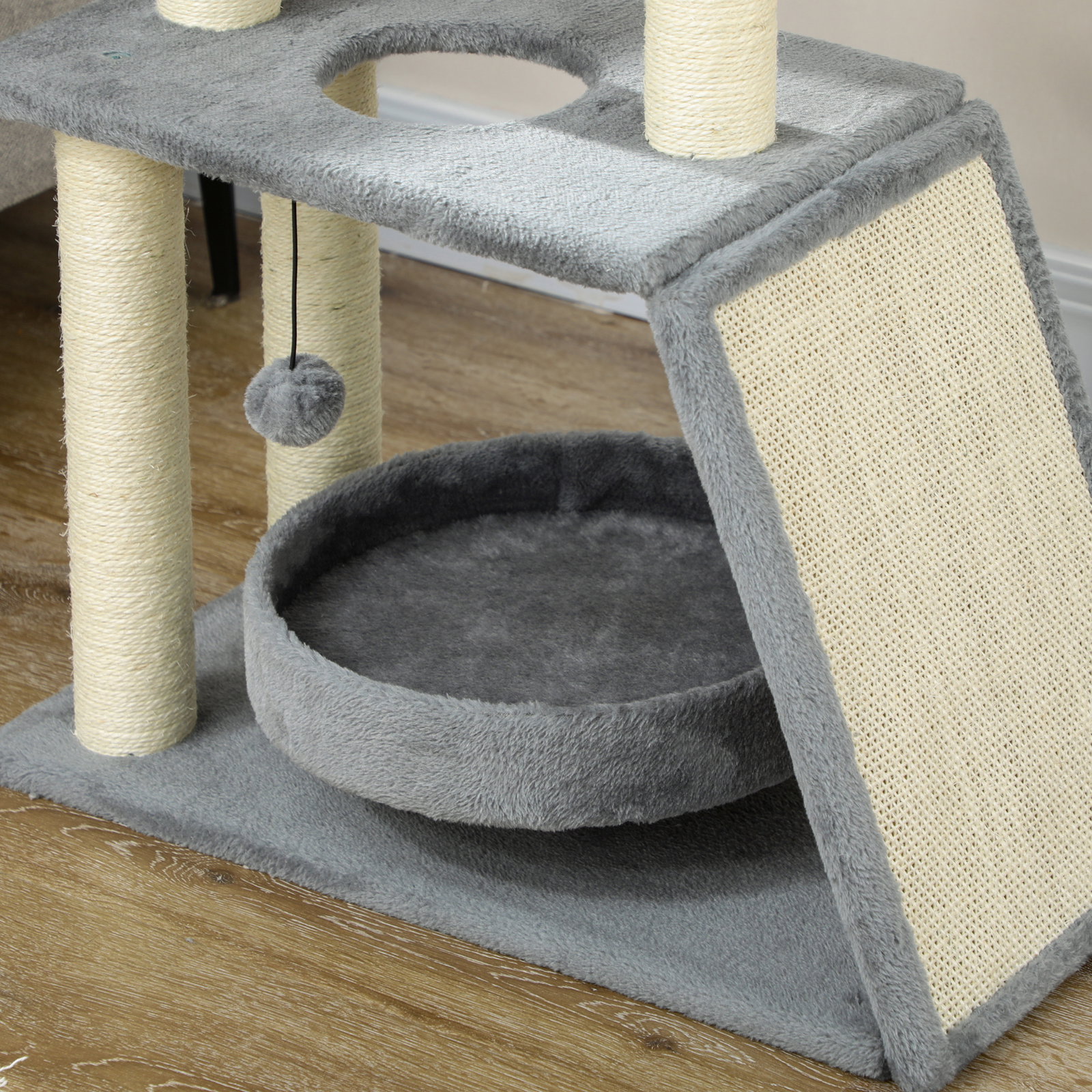 Arranhador para gatos altura 76 cm com 4 postes de arranhar cama plataforma em u almofada para arranhar cinzento