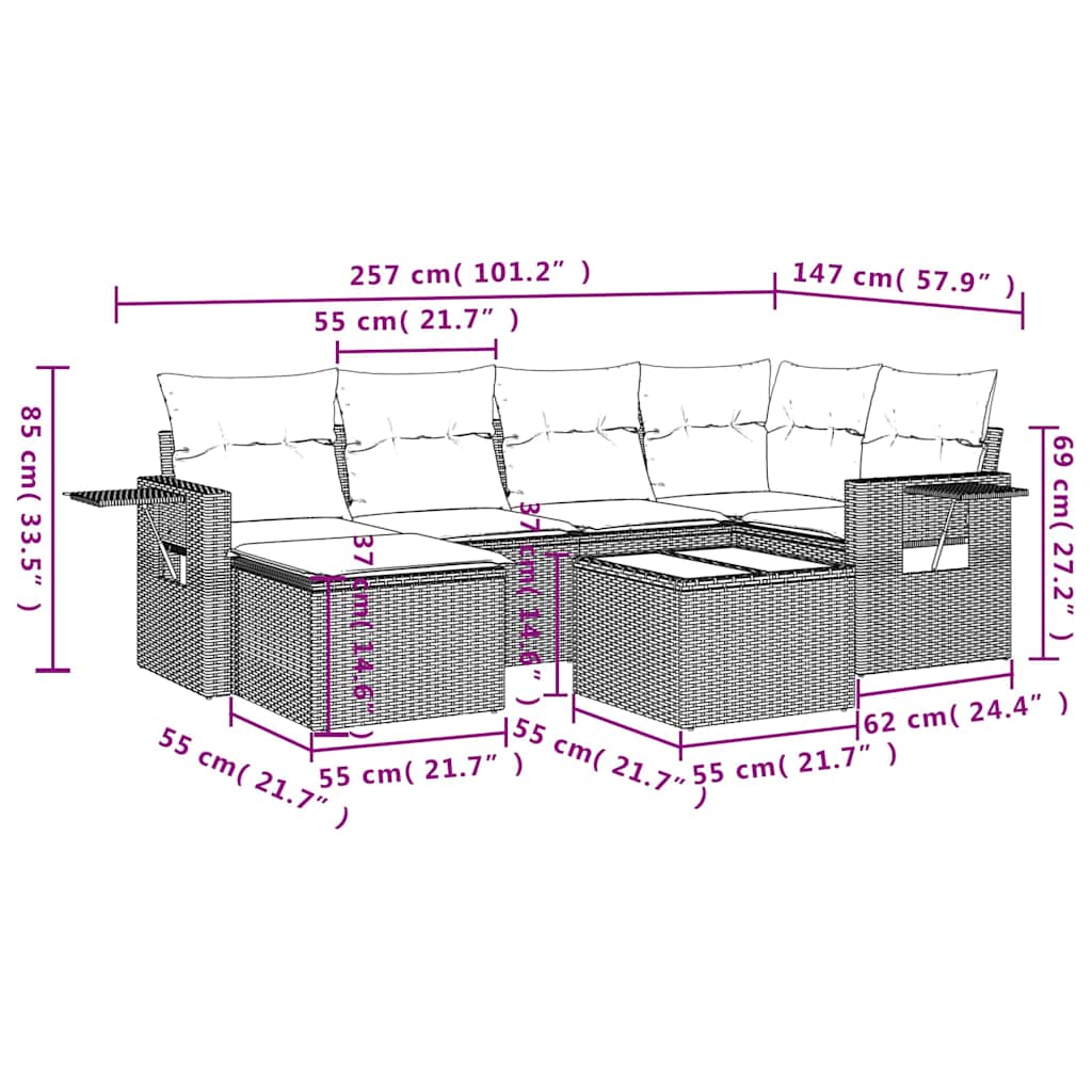 7 Pcs conjunto de sofás p/ jardim c/ almofadões vime PE preto