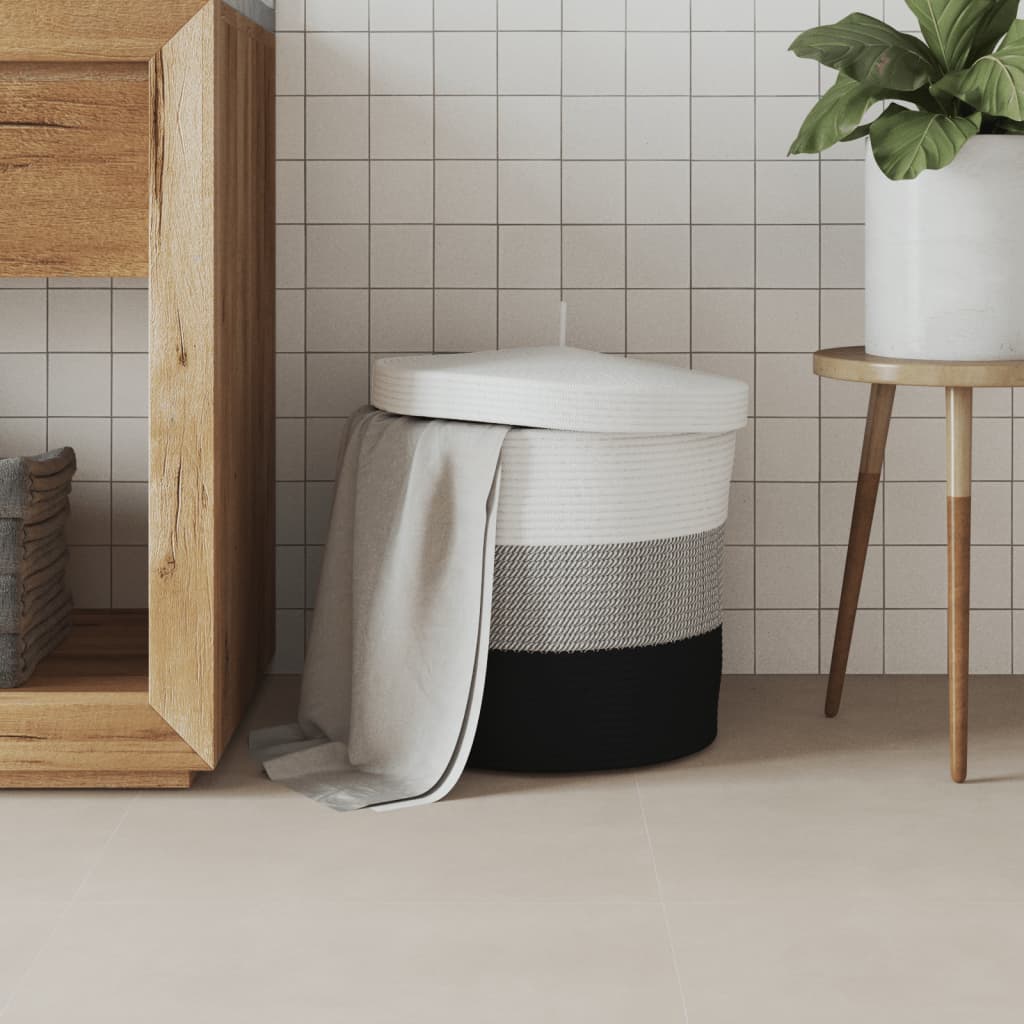 Cesto de arrumação com tampa ø40x35 cm algodão branco e preto