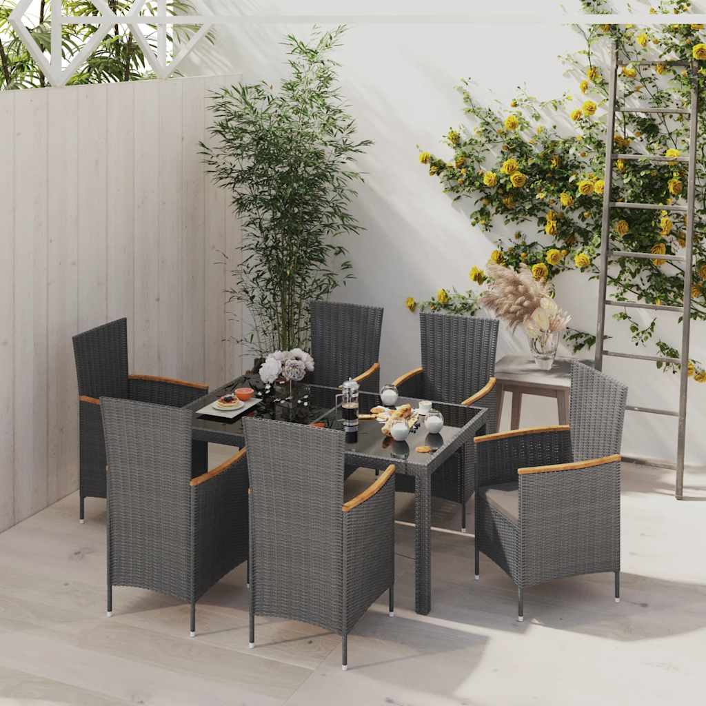7Pcs conjunto jantar exterior c/ almofadões vime PE preto/cinza