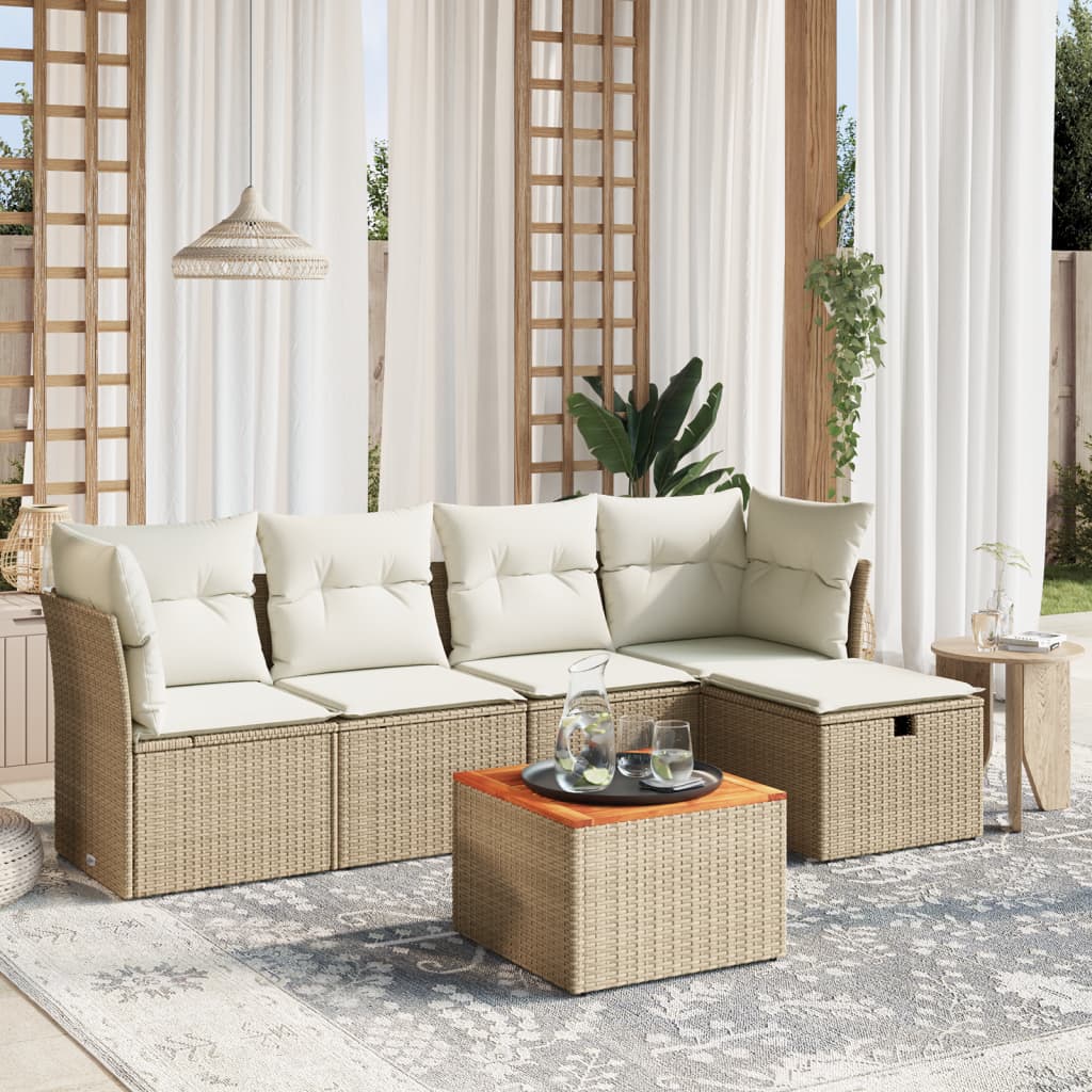 6 Pcs conjunto de sofás p/ jardim com almofadões vime PE bege