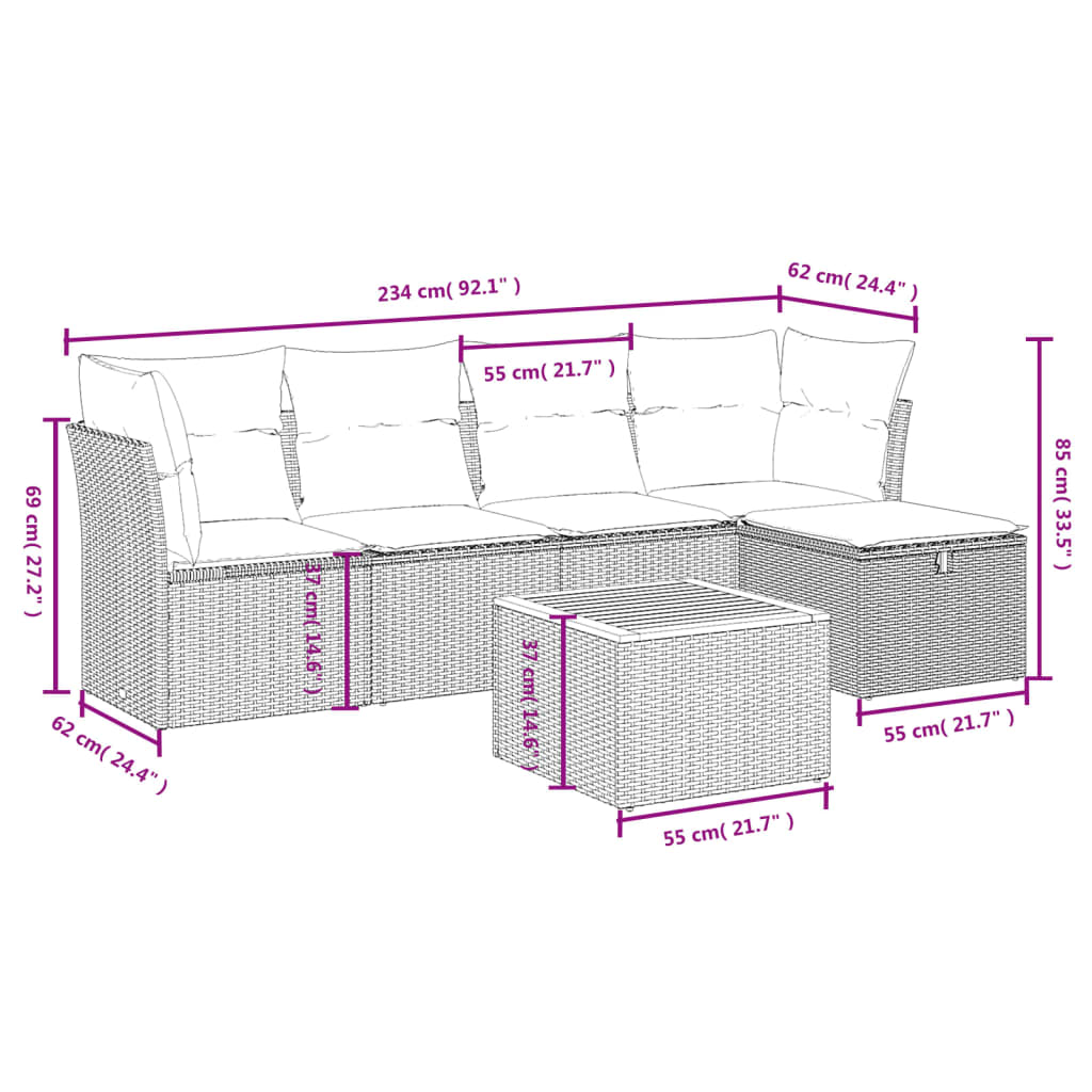 6 Pcs conjunto de sofás p/ jardim com almofadões vime PE bege