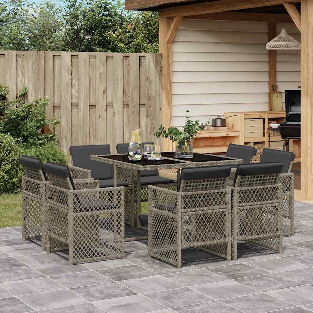 9 Pcs conjunto de jantar p/ jardim c/ almofadões vime PE cinza