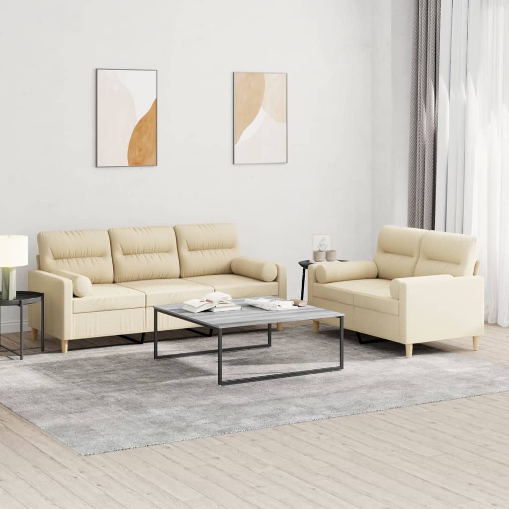 2 Pcs conjunto de sofás com almofadas tecido cor creme