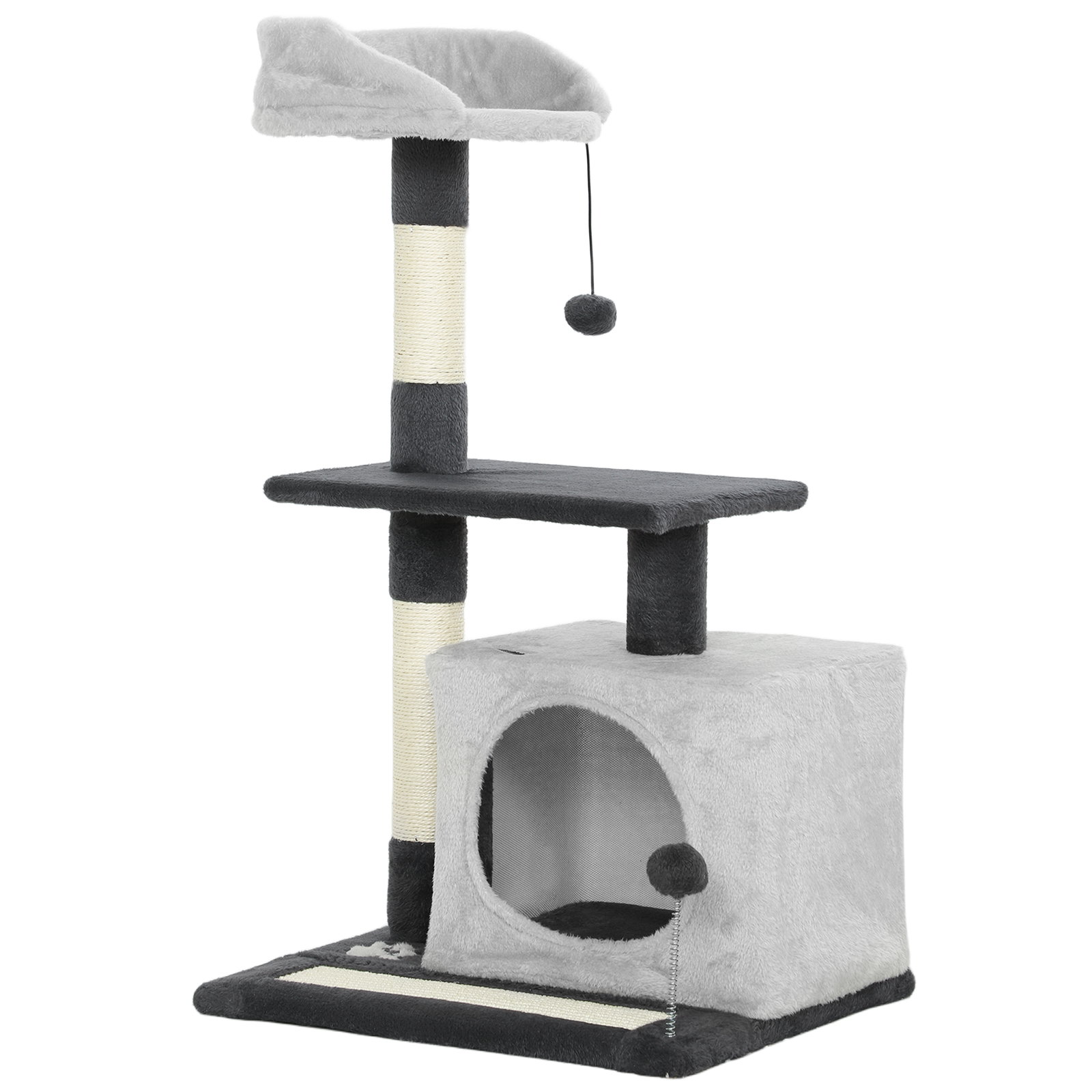 Arranhador para gatos com plataformas caverna postes arranhadores tapete de sisal e bolas 48x40x85 cm cinzento claro e preto