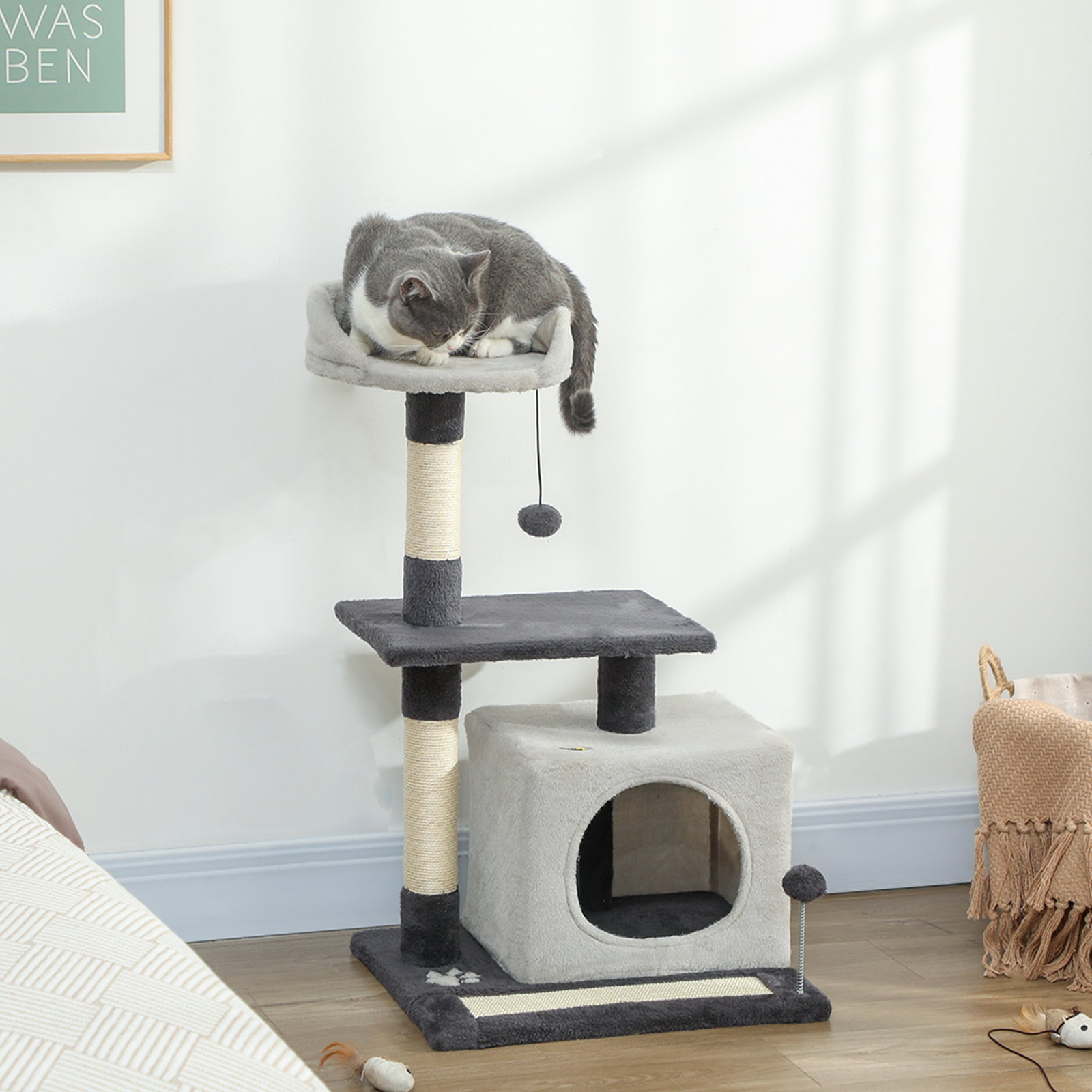 Arranhador para gatos com plataformas caverna postes arranhadores tapete de sisal e bolas 48x40x85 cm cinzento claro e preto