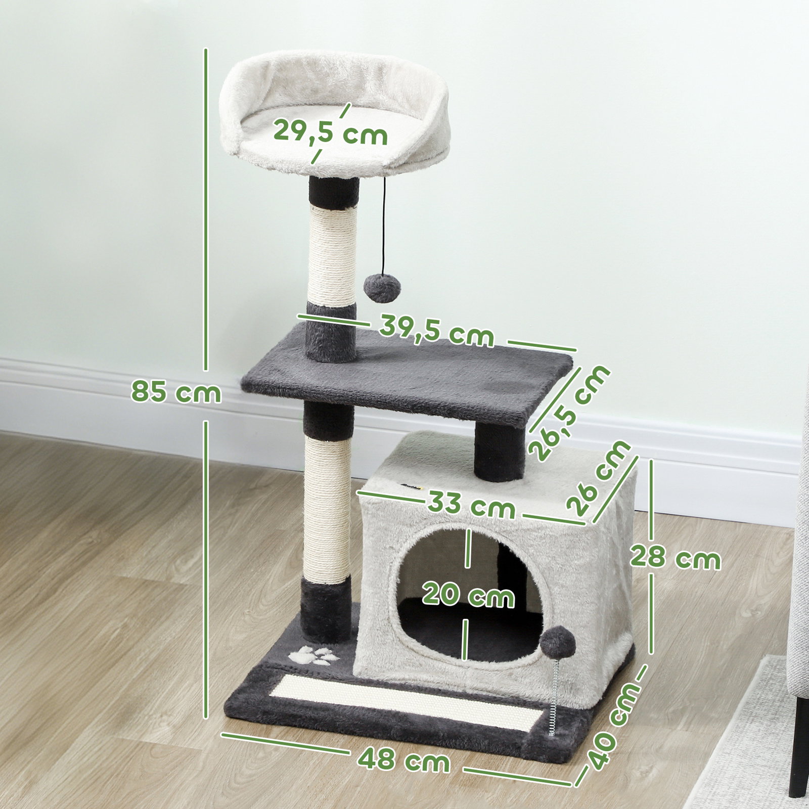Arranhador para gatos com plataformas caverna postes arranhadores tapete de sisal e bolas 48x40x85 cm cinzento claro e preto