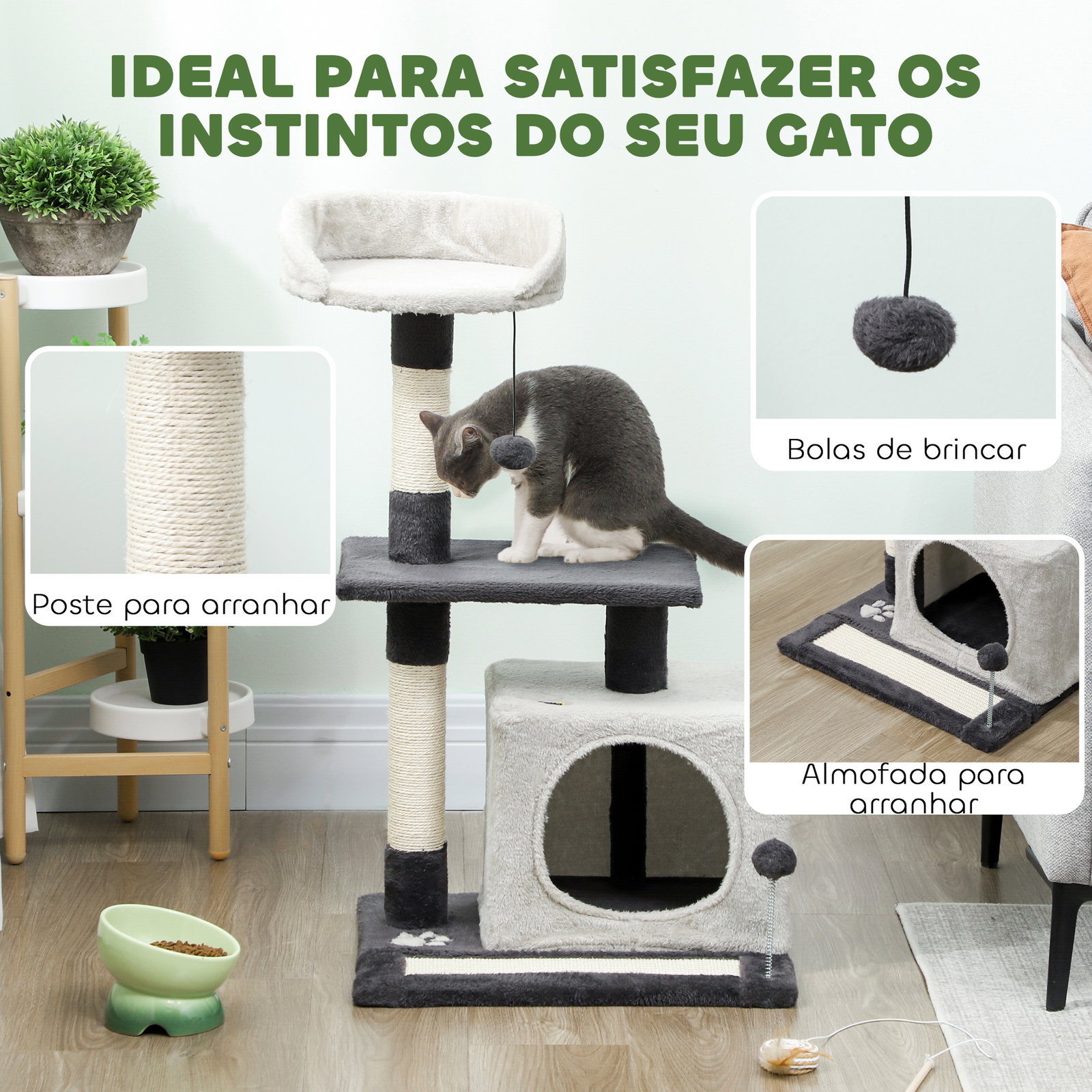 Arranhador para gatos com plataformas caverna postes arranhadores tapete de sisal e bolas 48x40x85 cm cinzento claro e preto