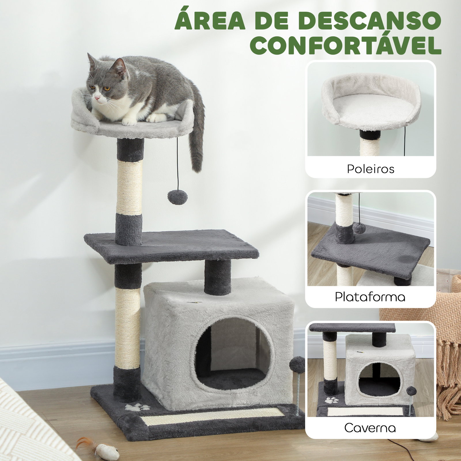 Arranhador para gatos com plataformas caverna postes arranhadores tapete de sisal e bolas 48x40x85 cm cinzento claro e preto