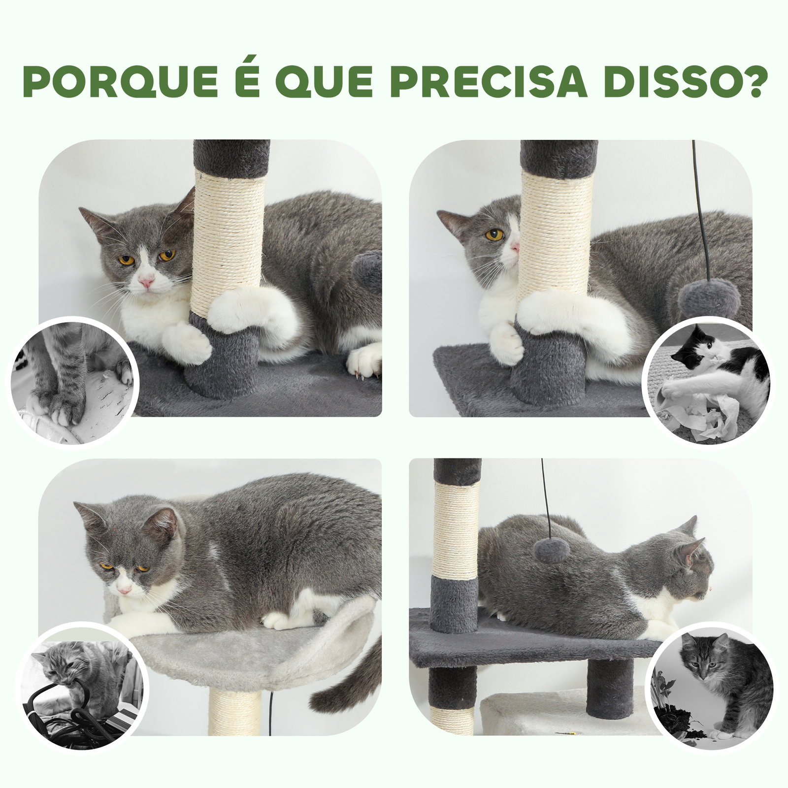 Arranhador para gatos com plataformas caverna postes arranhadores tapete de sisal e bolas 48x40x85 cm cinzento claro e preto