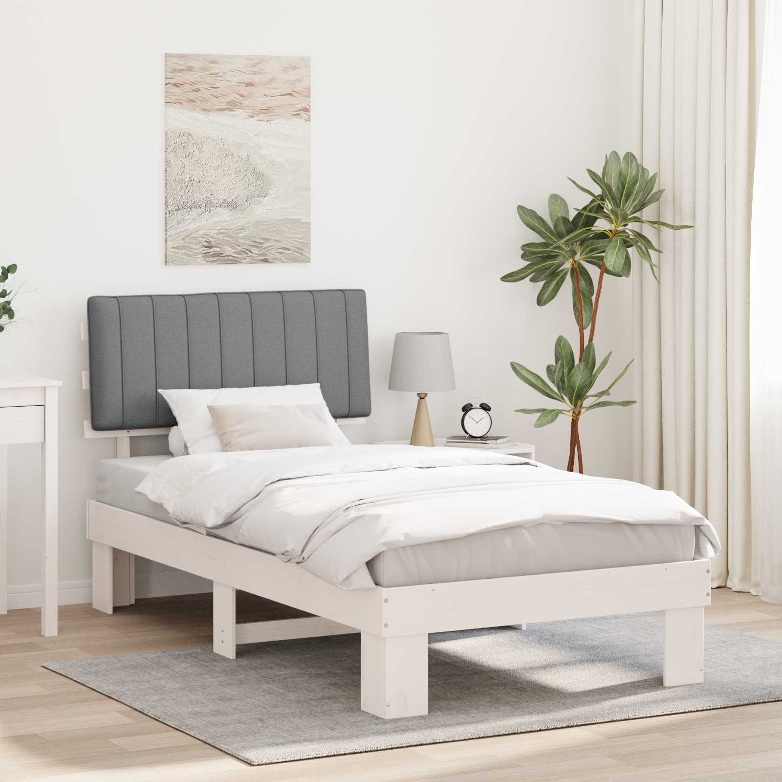 Estrutura de cama com cabeceira estofada cinzento-claro
