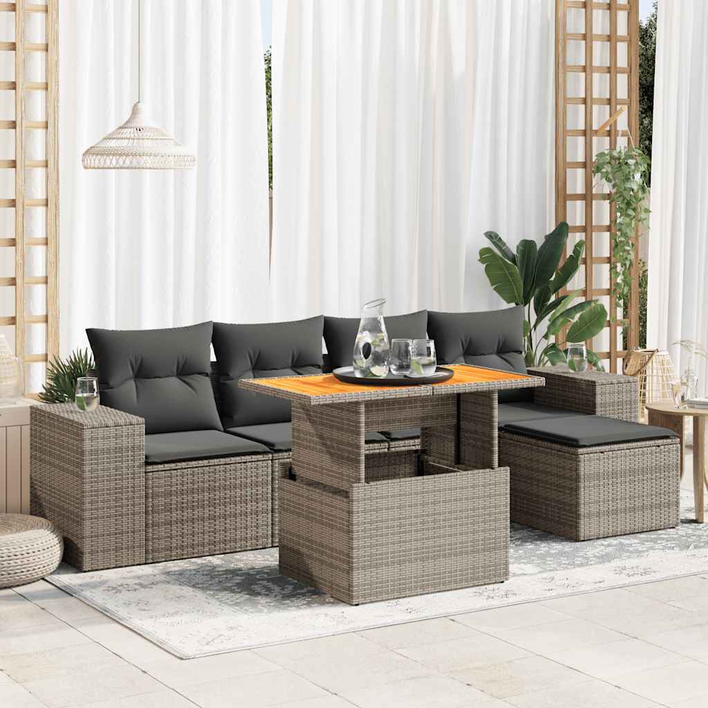6 Pcs conjunto sofás de jardim com almofadões vime cinzento