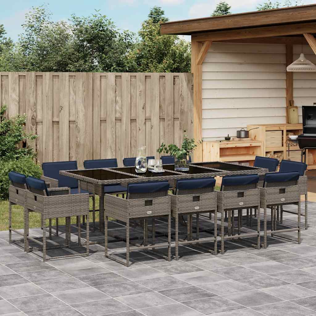 Conjunto de jantar para jardim com 13 peças e almofadas em rattan sintético cinza