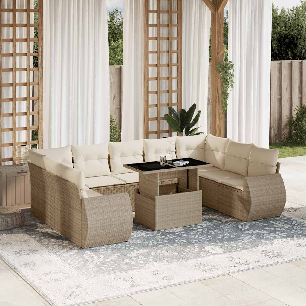 10 Pcs conjunto de sofás p/ jardim com almofadões vime PE bege