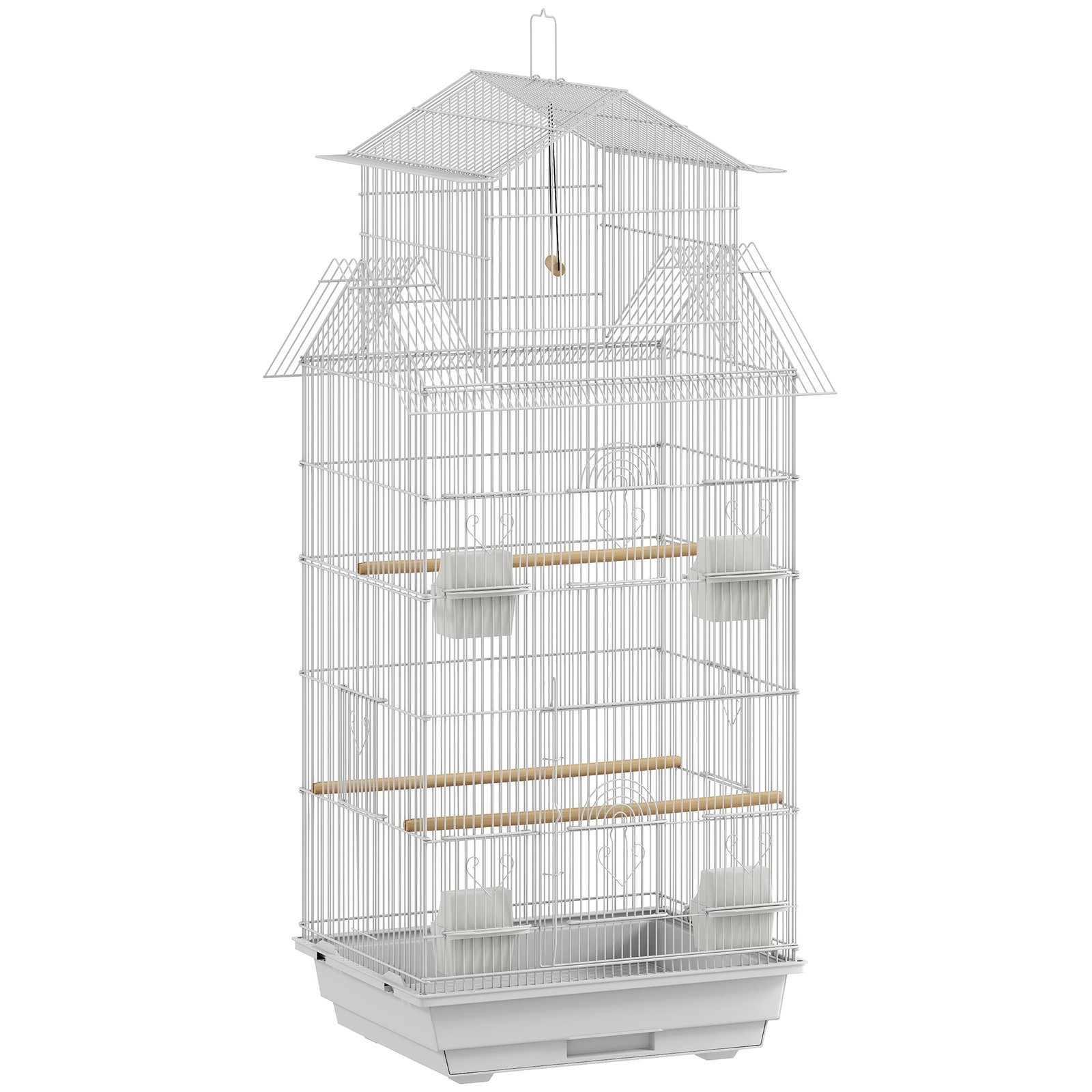 Gaiola para pássaros de aço com comedouros poleiros balanço e bandeja removível 50,5x41x104 cm branco