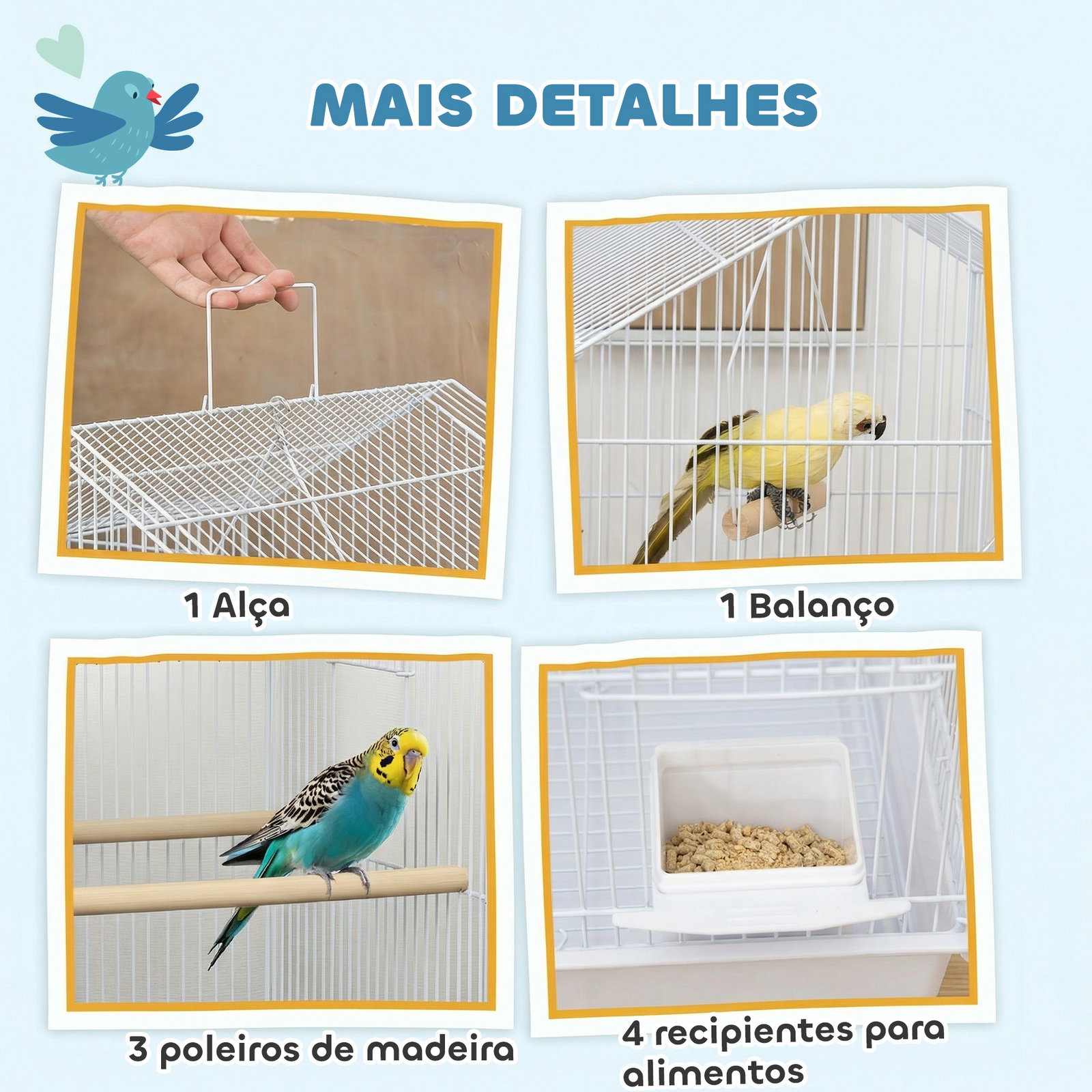 Gaiola para pássaros de aço com comedouros poleiros balanço e bandeja removível 50,5x41x104 cm branco
