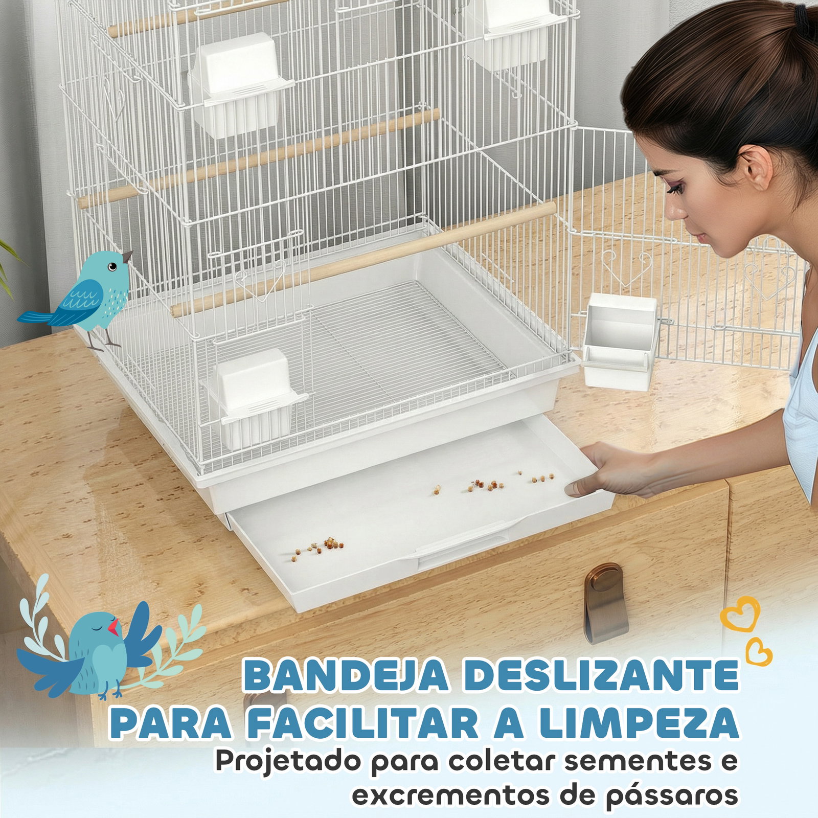 Gaiola para pássaros de aço com comedouros poleiros balanço e bandeja removível 50,5x41x104 cm branco