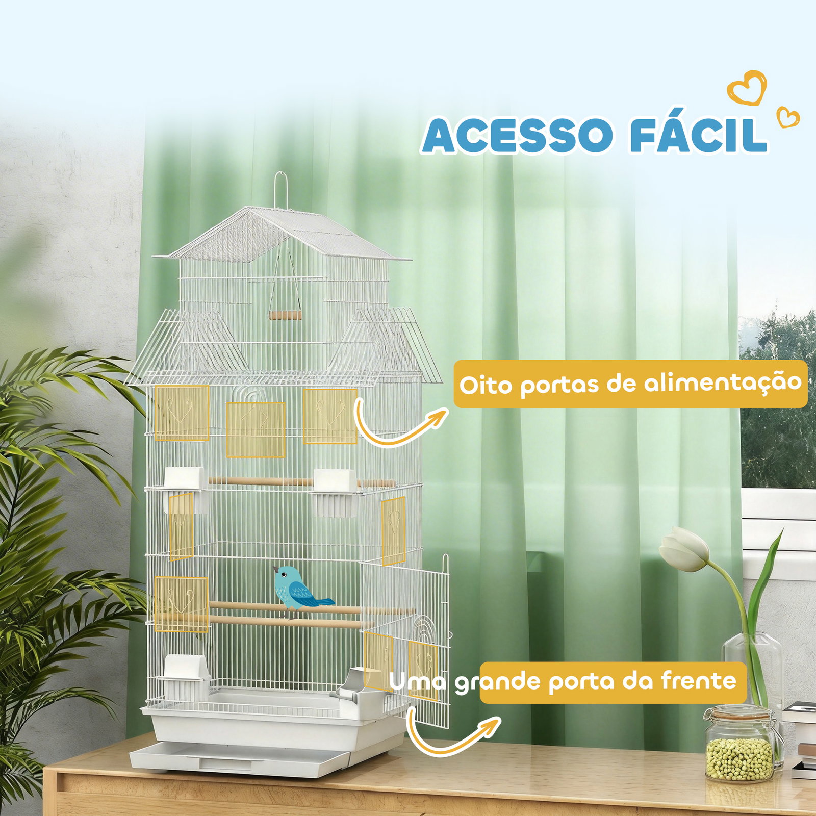 Gaiola para pássaros de aço com comedouros poleiros balanço e bandeja removível 50,5x41x104 cm branco