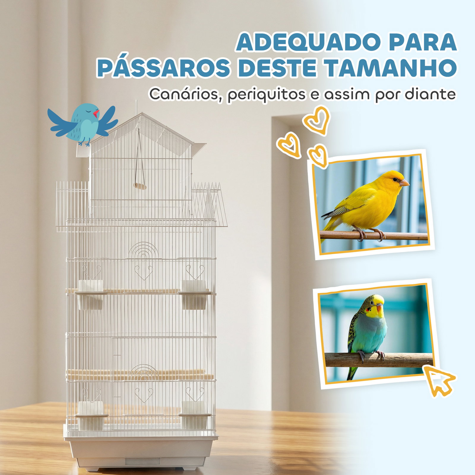 Gaiola para pássaros de aço com comedouros poleiros balanço e bandeja removível 50,5x41x104 cm branco