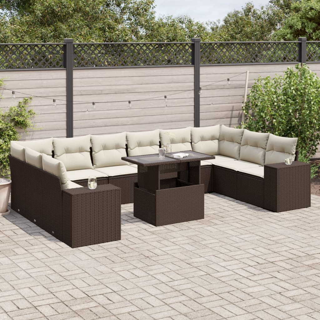 11 Pcs conjunto sofás de jardim c/ almofadões vime PE castanho