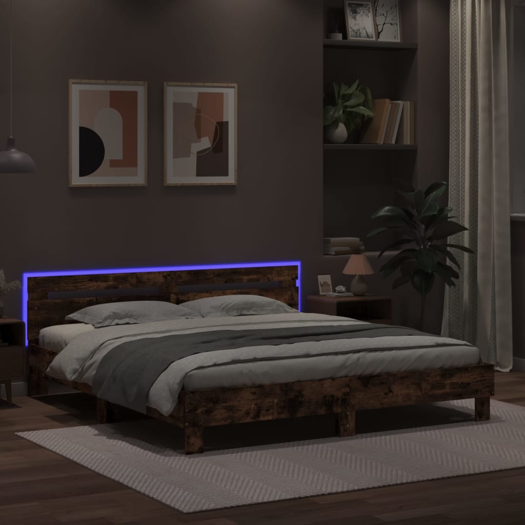 Estrutura cama c/ cabeceira/luzes LED 180x200cm carvalho fumado