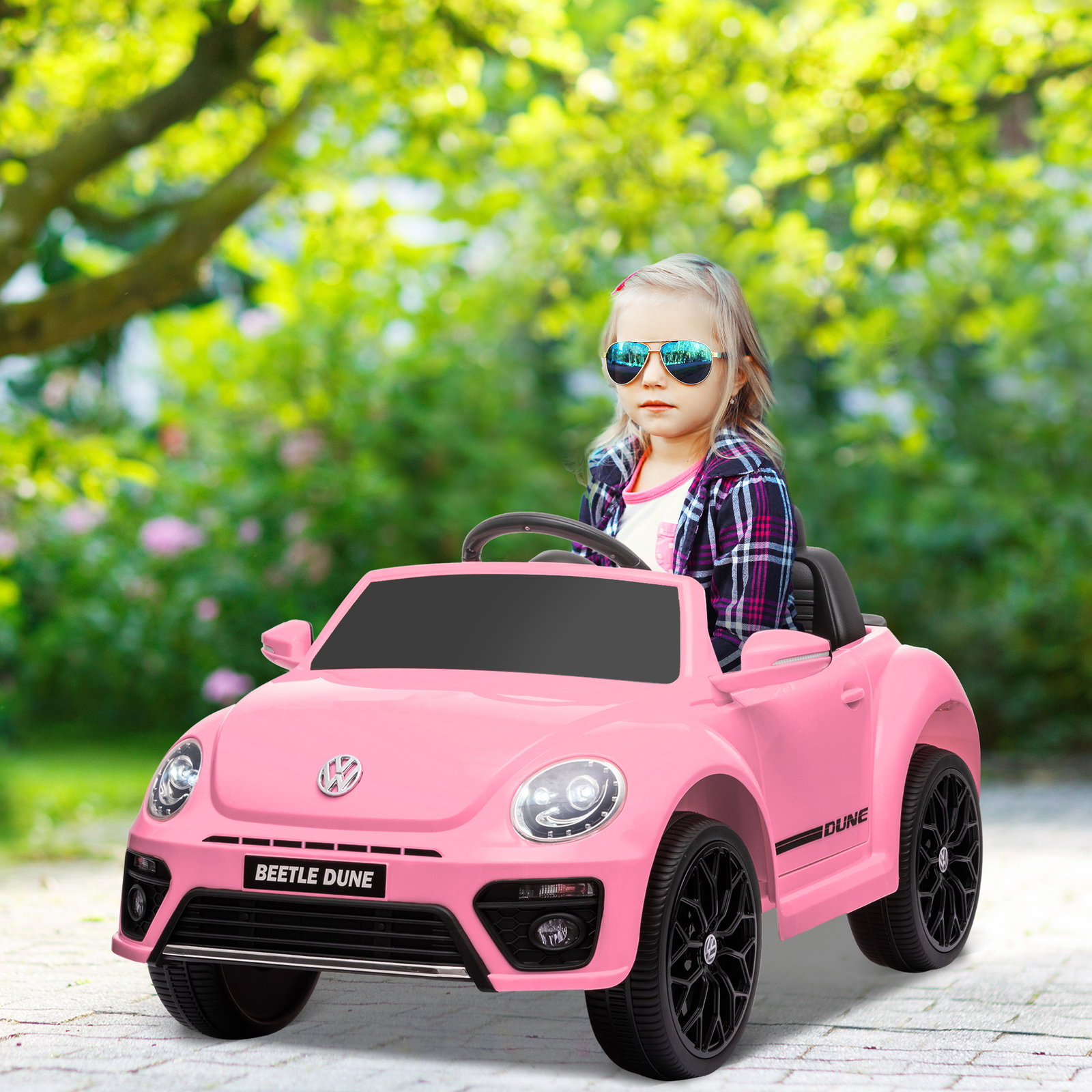 Carro elétrico para crianças carro elétrico infantil volkswagen beetle com bateria 12v faróis buzina e música 97x56,5x46 cm rosa