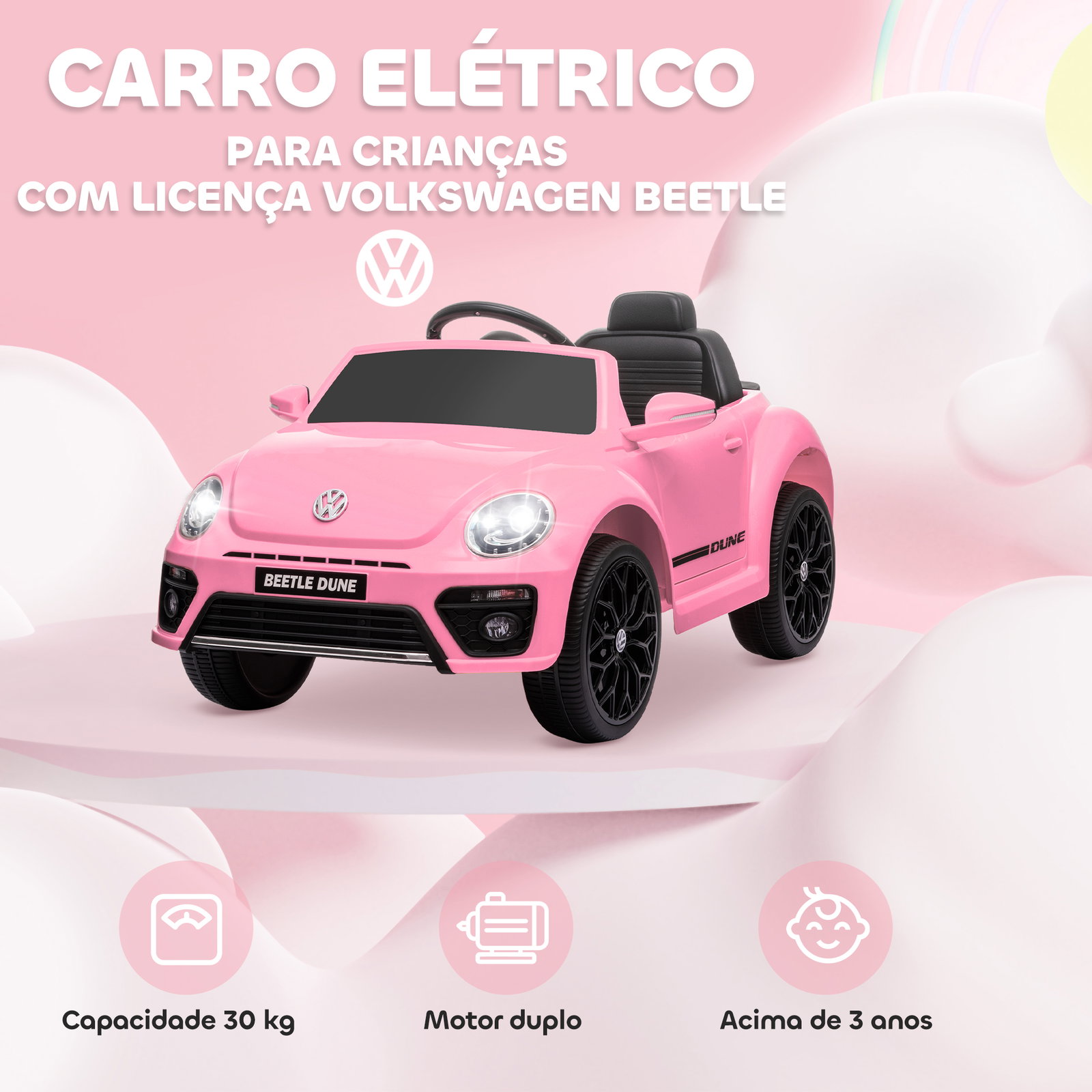 Carro elétrico para crianças carro elétrico infantil volkswagen beetle com bateria 12v faróis buzina e música 97x56,5x46 cm rosa