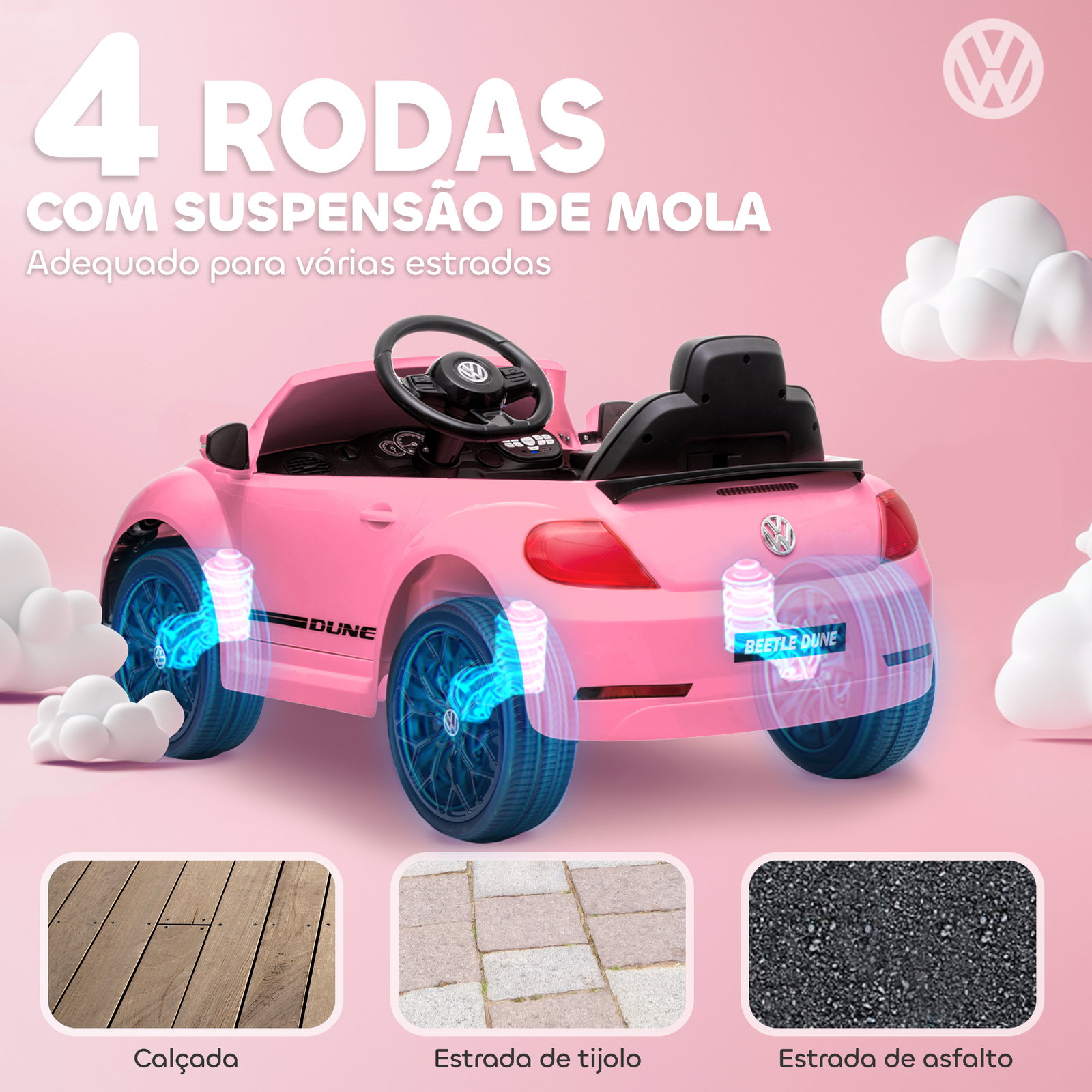 Carro elétrico para crianças carro elétrico infantil volkswagen beetle com bateria 12v faróis buzina e música 97x56,5x46 cm rosa