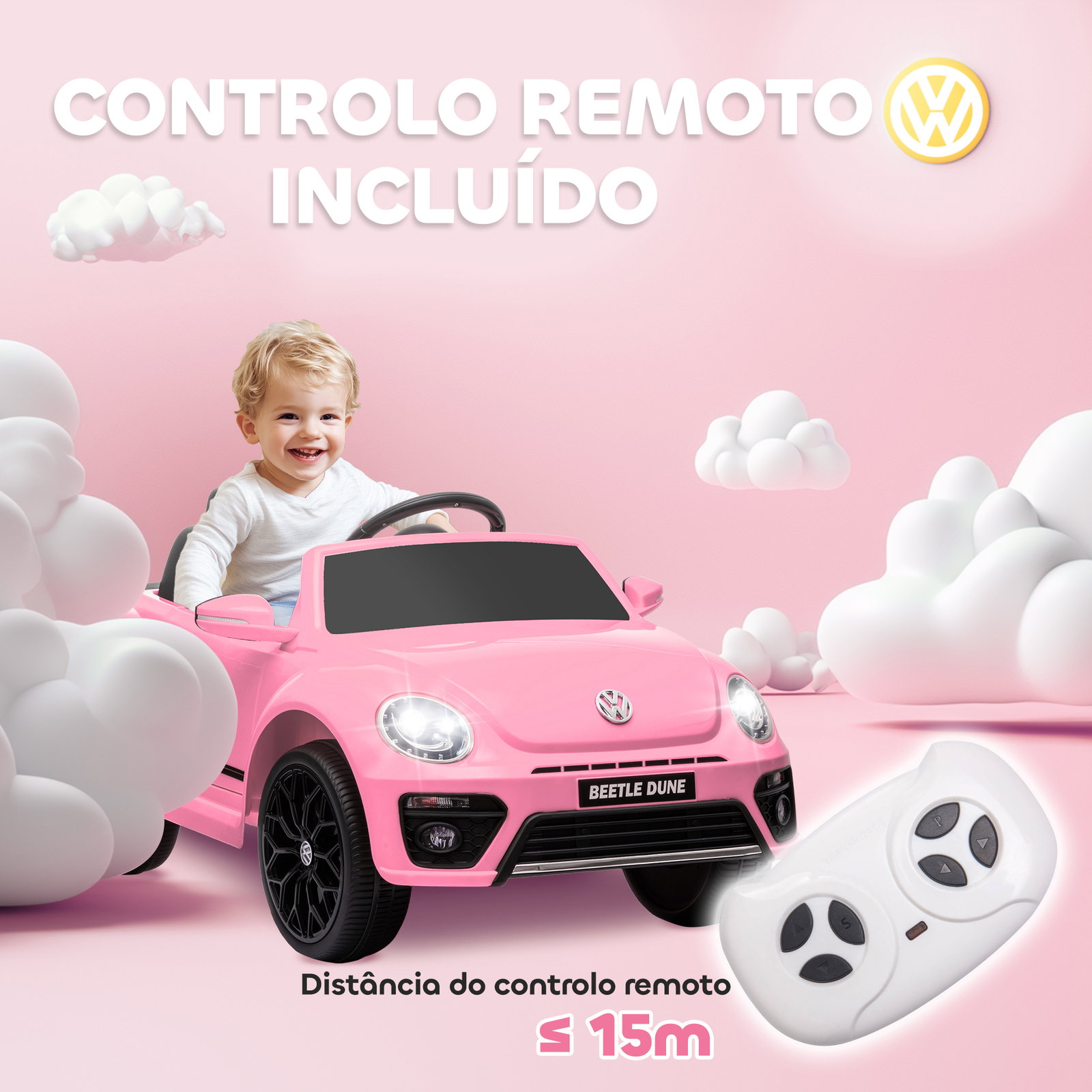 Carro elétrico para crianças carro elétrico infantil volkswagen beetle com bateria 12v faróis buzina e música 97x56,5x46 cm rosa
