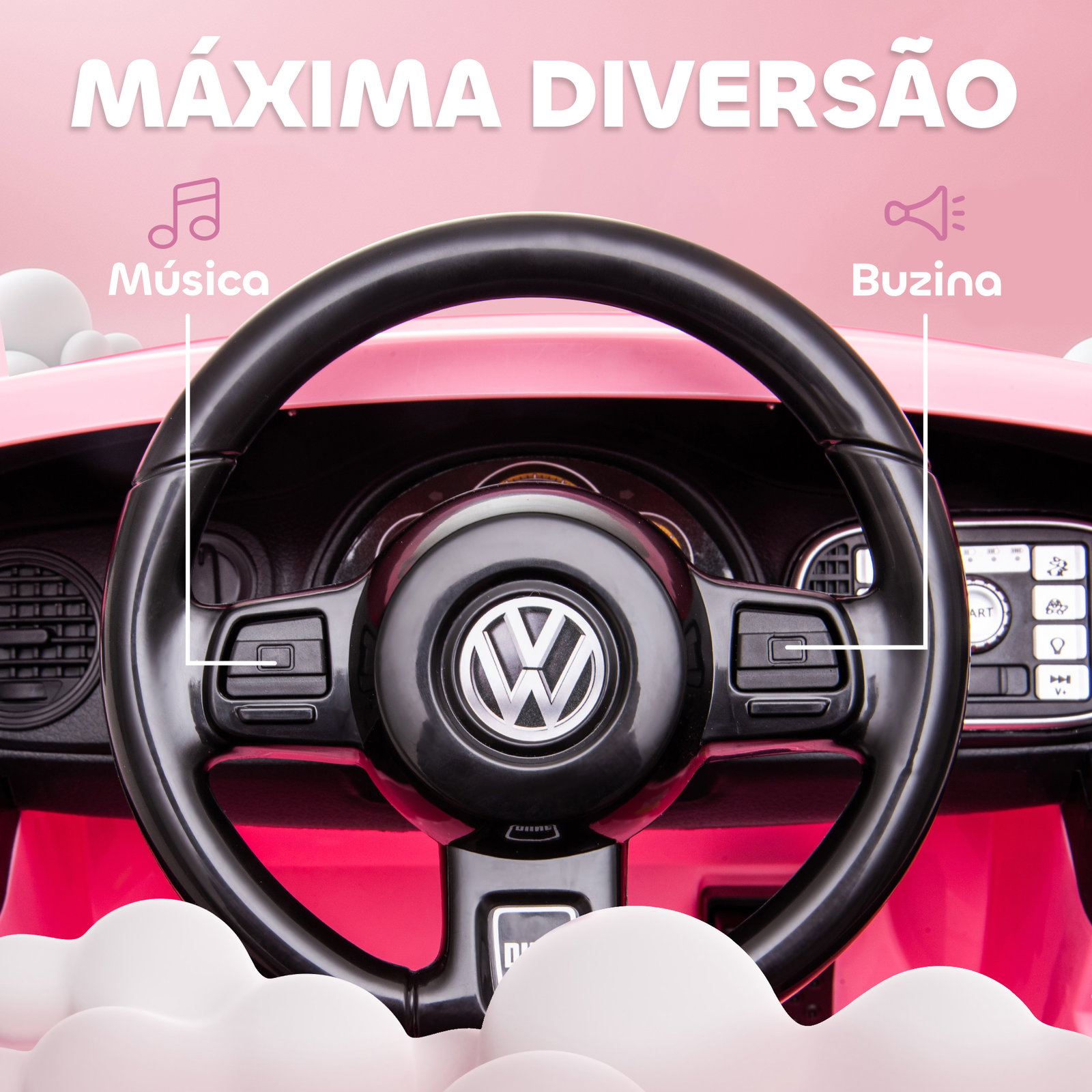 Carro elétrico para crianças carro elétrico infantil volkswagen beetle com bateria 12v faróis buzina e música 97x56,5x46 cm rosa